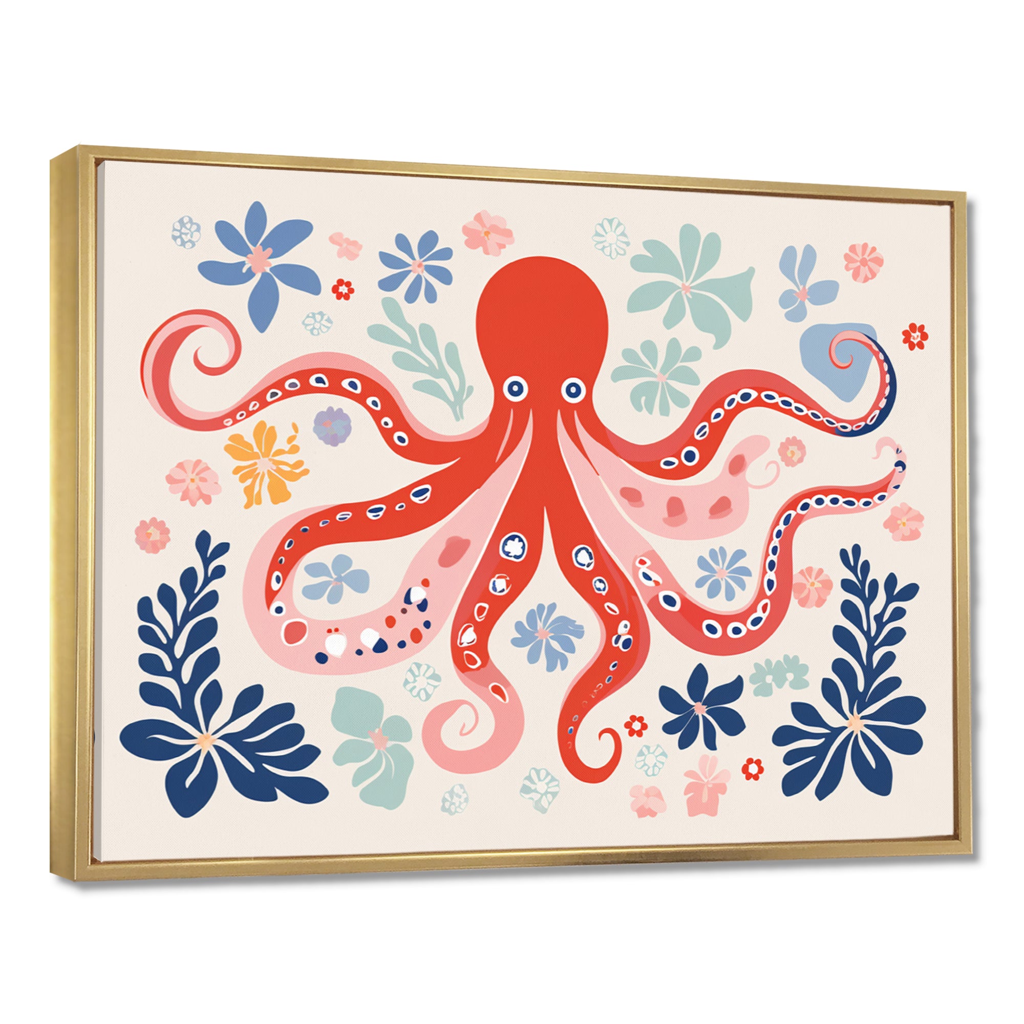 Deep Ocean Red Octopus Retro Illustration - Octopus Bedroom Wall Art