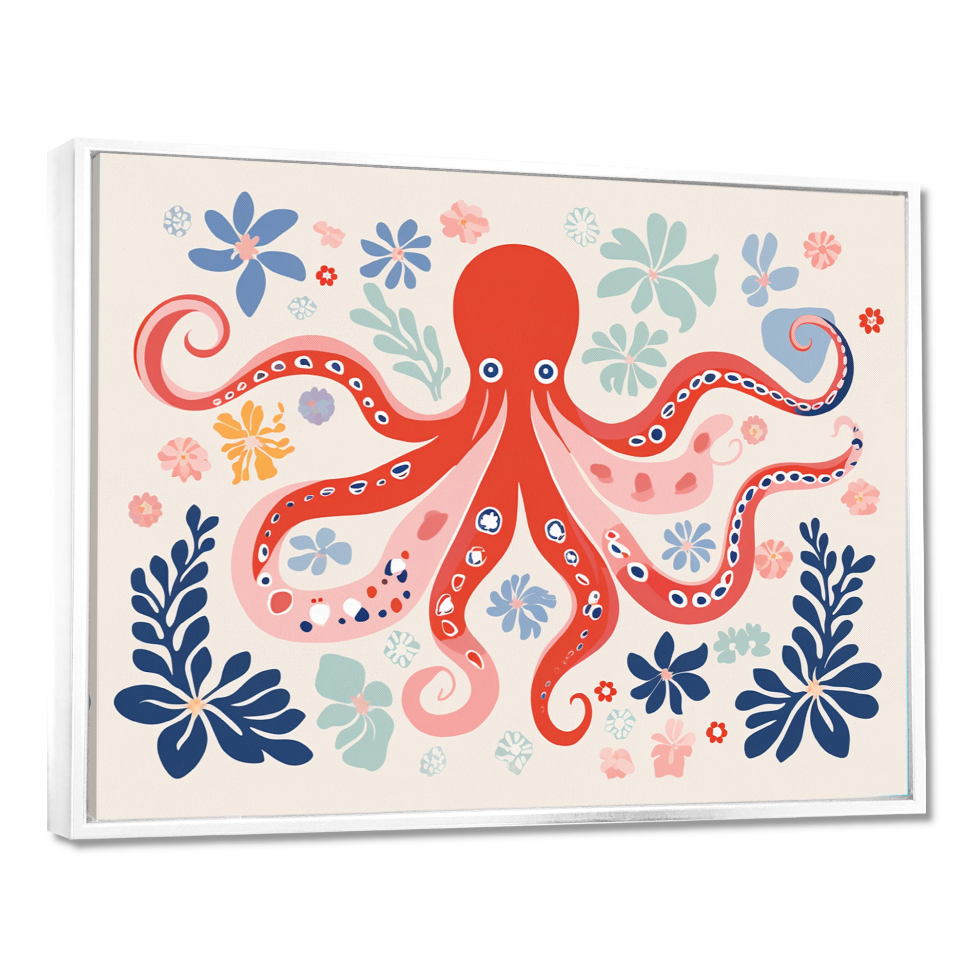 Deep Ocean Red Octopus Retro Illustration - Octopus Bedroom Wall Art