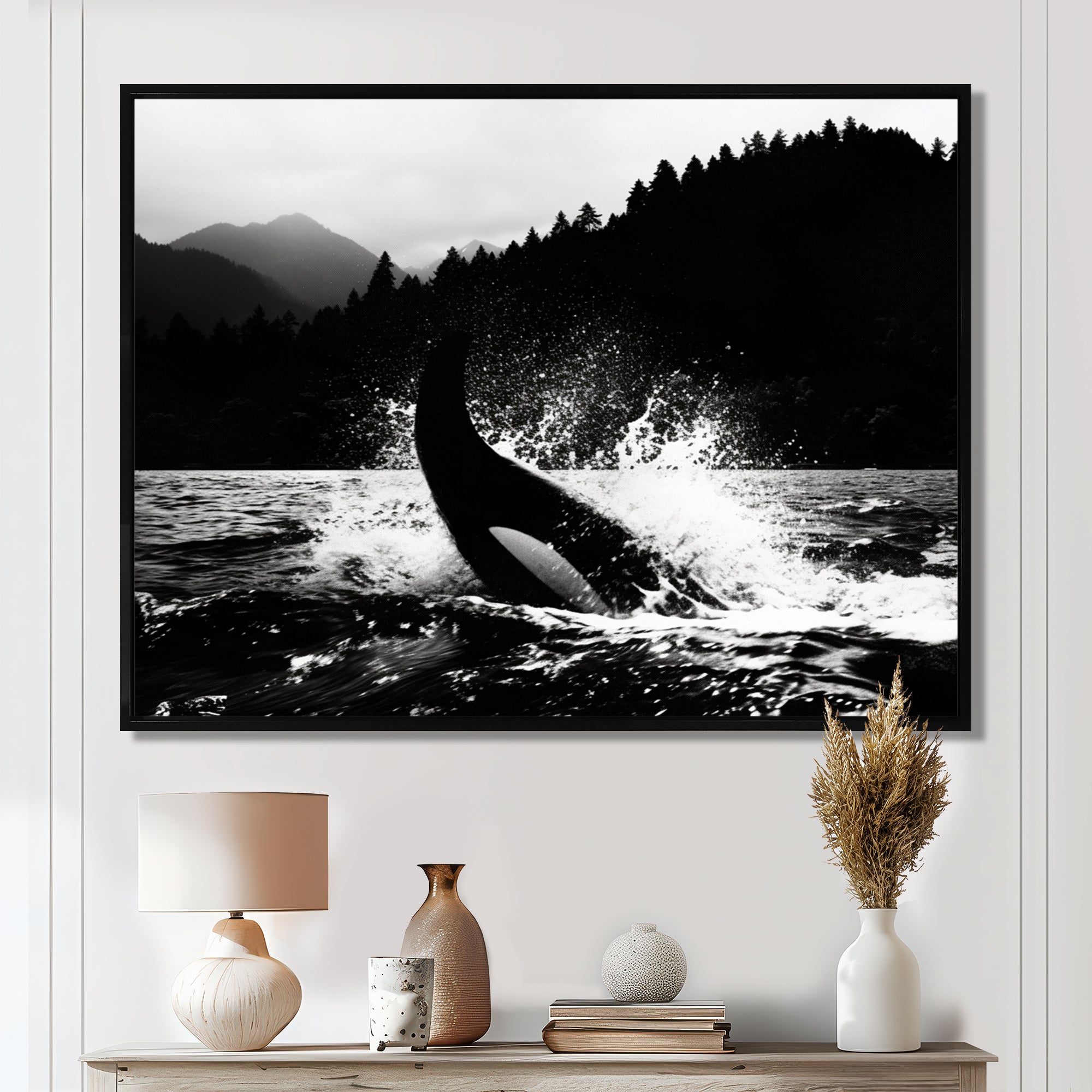 Orca Splashing In The Water Monochrome - Coastal Animal Framed Canvas Art