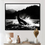 Orca Splashing In The Water Monochrome - Coastal Animal Framed Canvas Art