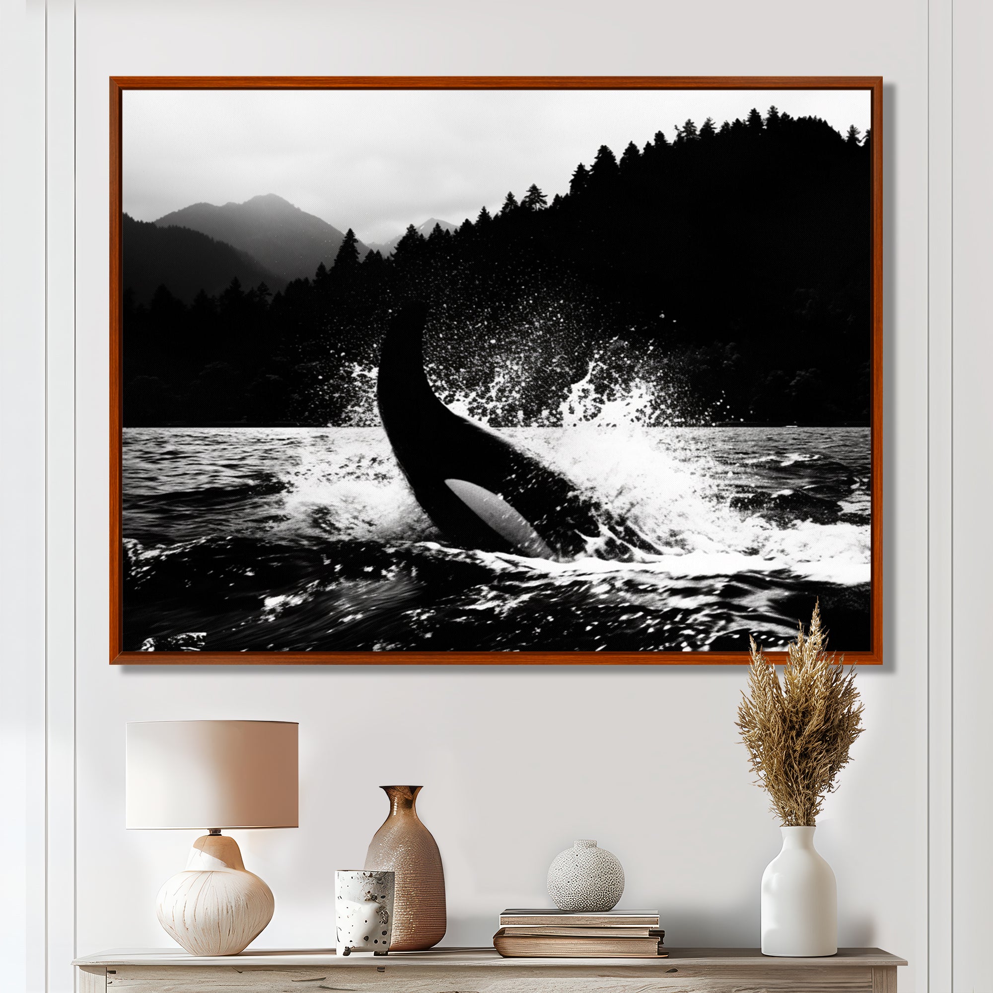 Orca Splashing In The Water Monochrome - Coastal Animal Framed Canvas Art
