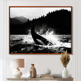 Orca Splashing In The Water Monochrome - Coastal Animal Framed Canvas Art