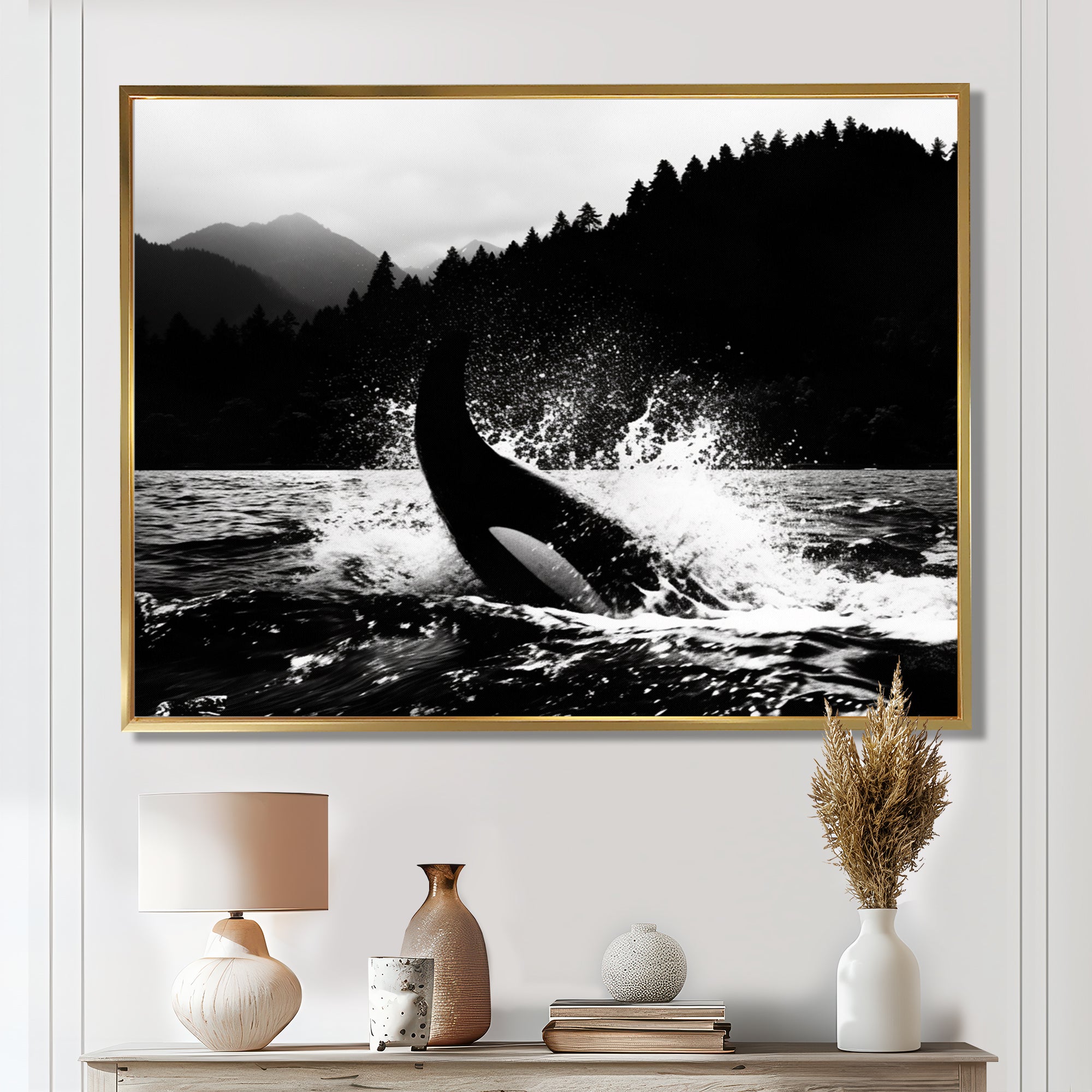 Orca Splashing In The Water Monochrome - Coastal Animal Framed Canvas Art
