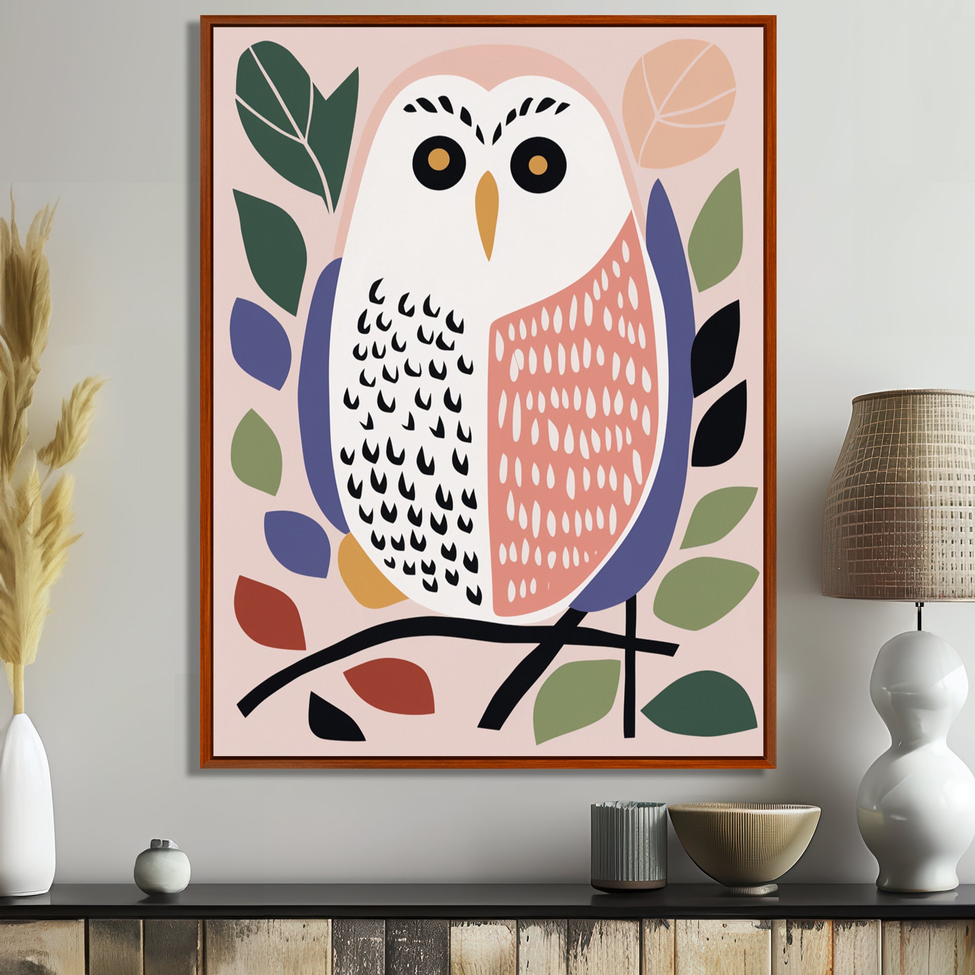 Playful Graphic White Owl Retro Colors - Owl Canvas Wall Art