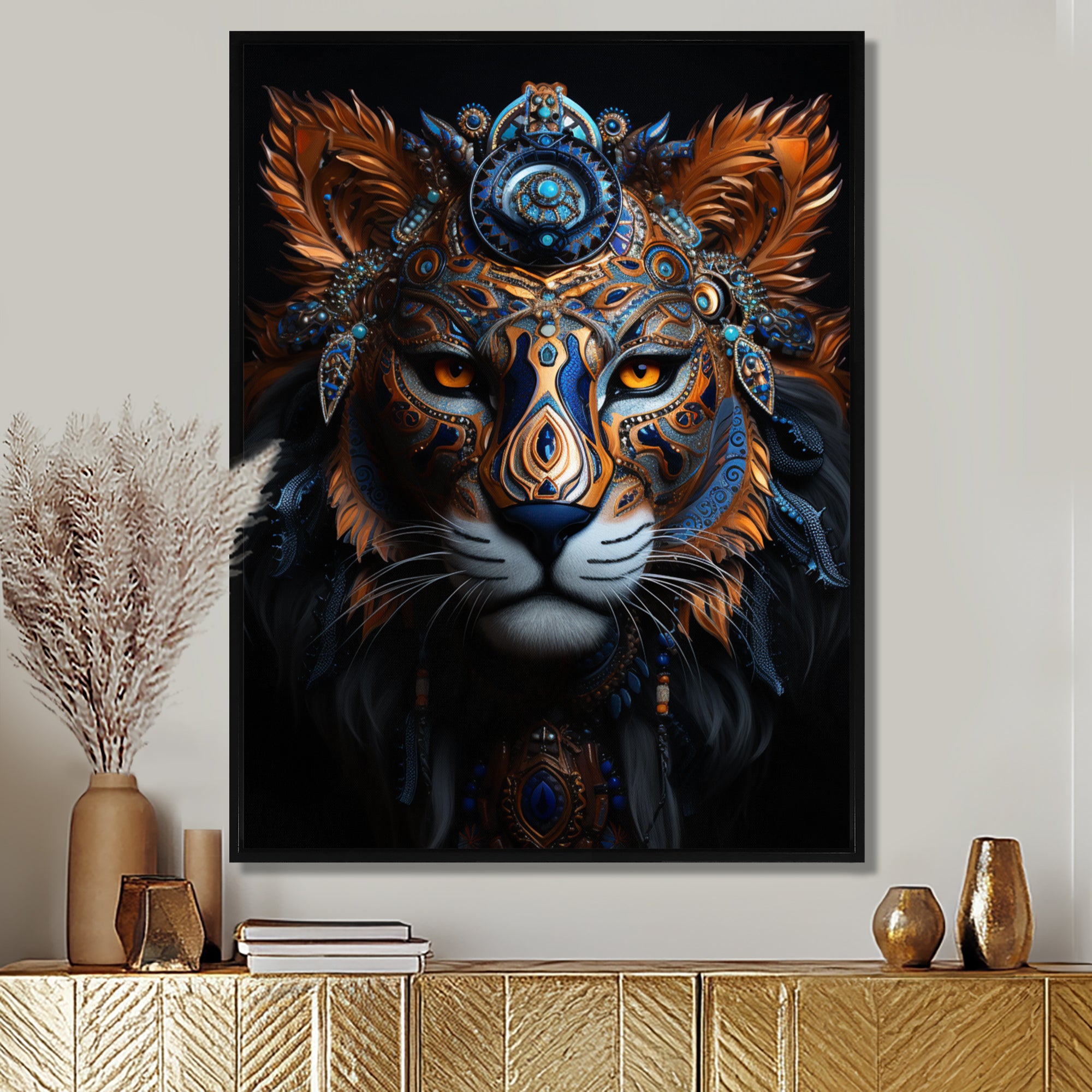 Shamanic Tribal Portrait Of Tiger Tribe - Tiger Fashion Large Canvas Wall Art
