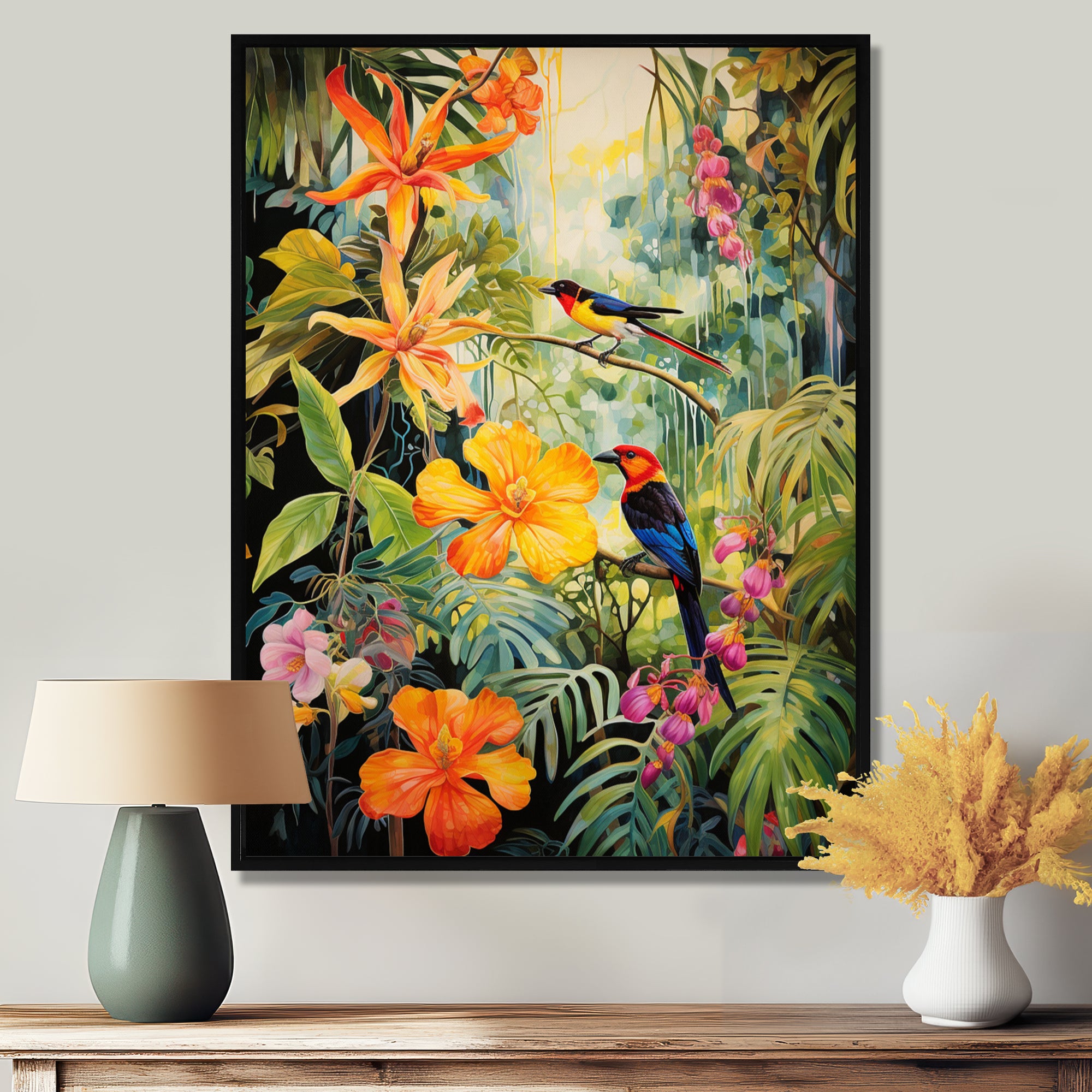 Colorful Birds In Flowery Tropical Jungle - Bird Floral Living Room Wall Art