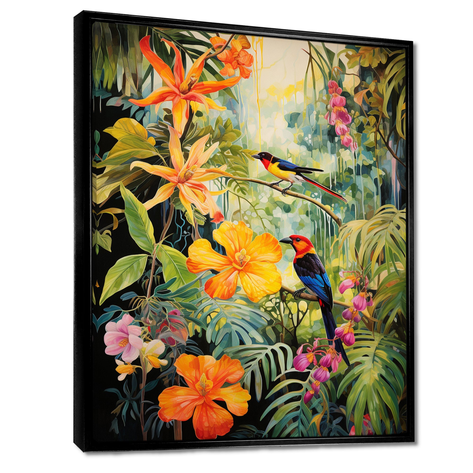 Colorful Birds In Flowery Tropical Jungle - Bird Floral Living Room Wall Art