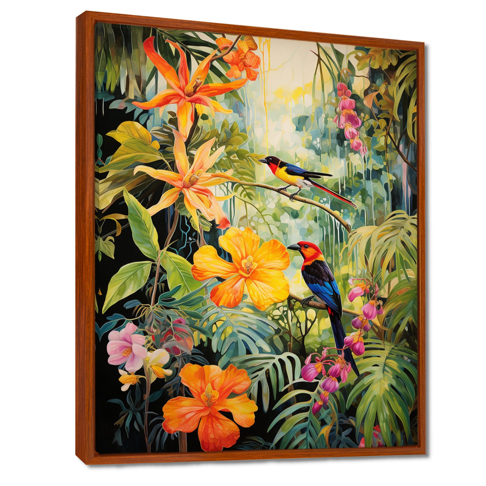 Colorful Birds In Flowery Tropical Jungle - Bird Floral Living Room Wall Art