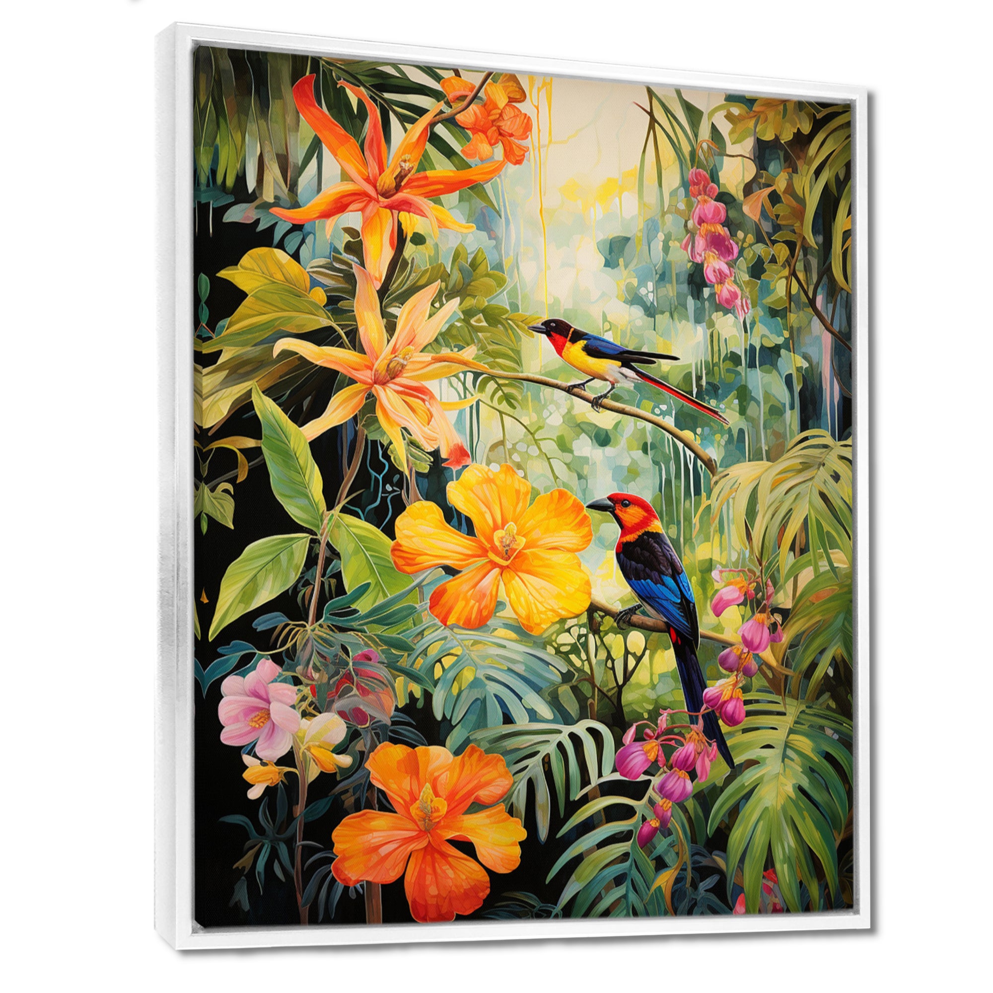 Colorful Birds In Flowery Tropical Jungle - Bird Floral Living Room Wall Art
