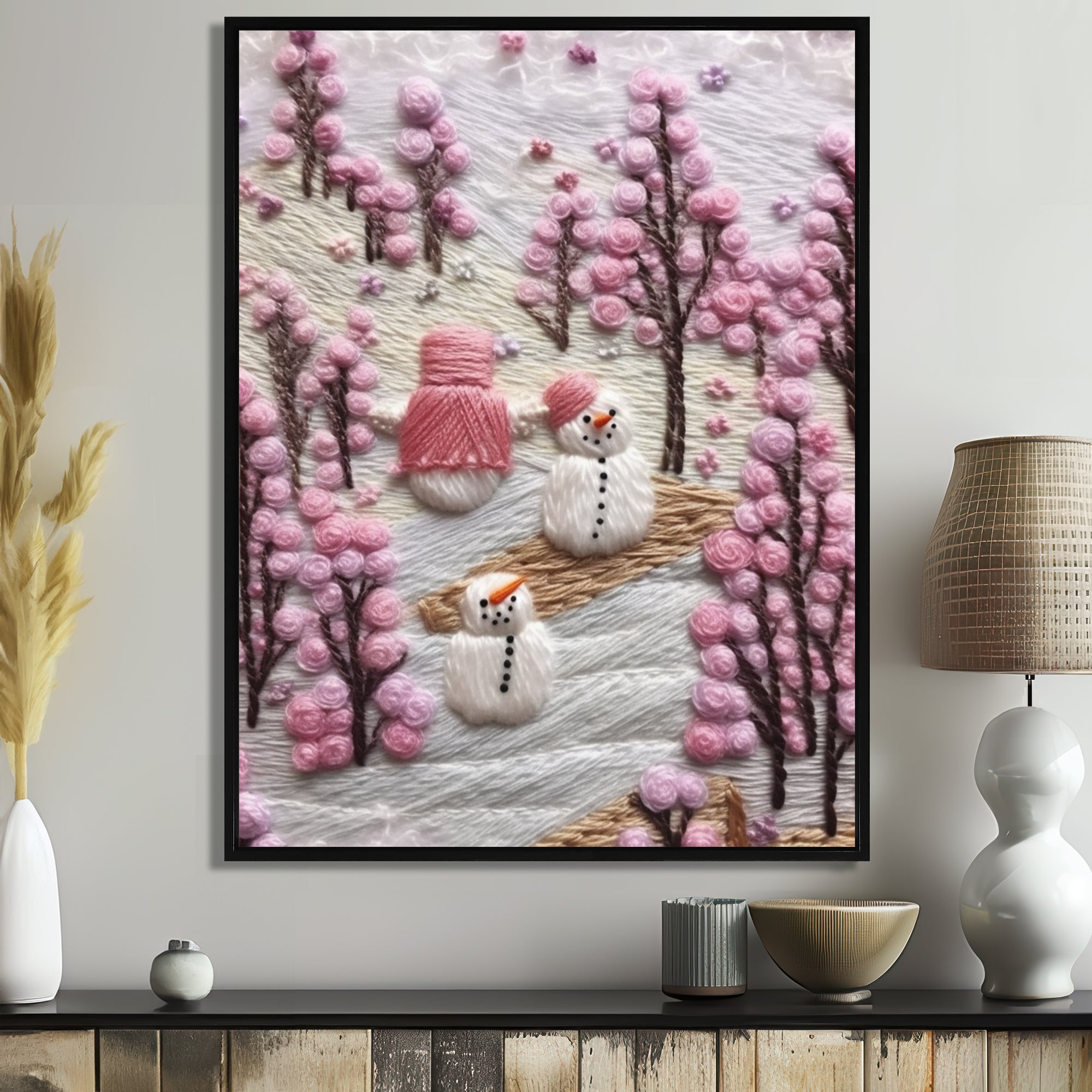 Christmas Snowman In Snowy Winter Pink Tree Embroidery - Coastal Animal Canvas Wall Art