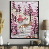 Christmas Snowman In Snowy Winter Pink Tree Embroidery - Coastal Animal Canvas Wall Art