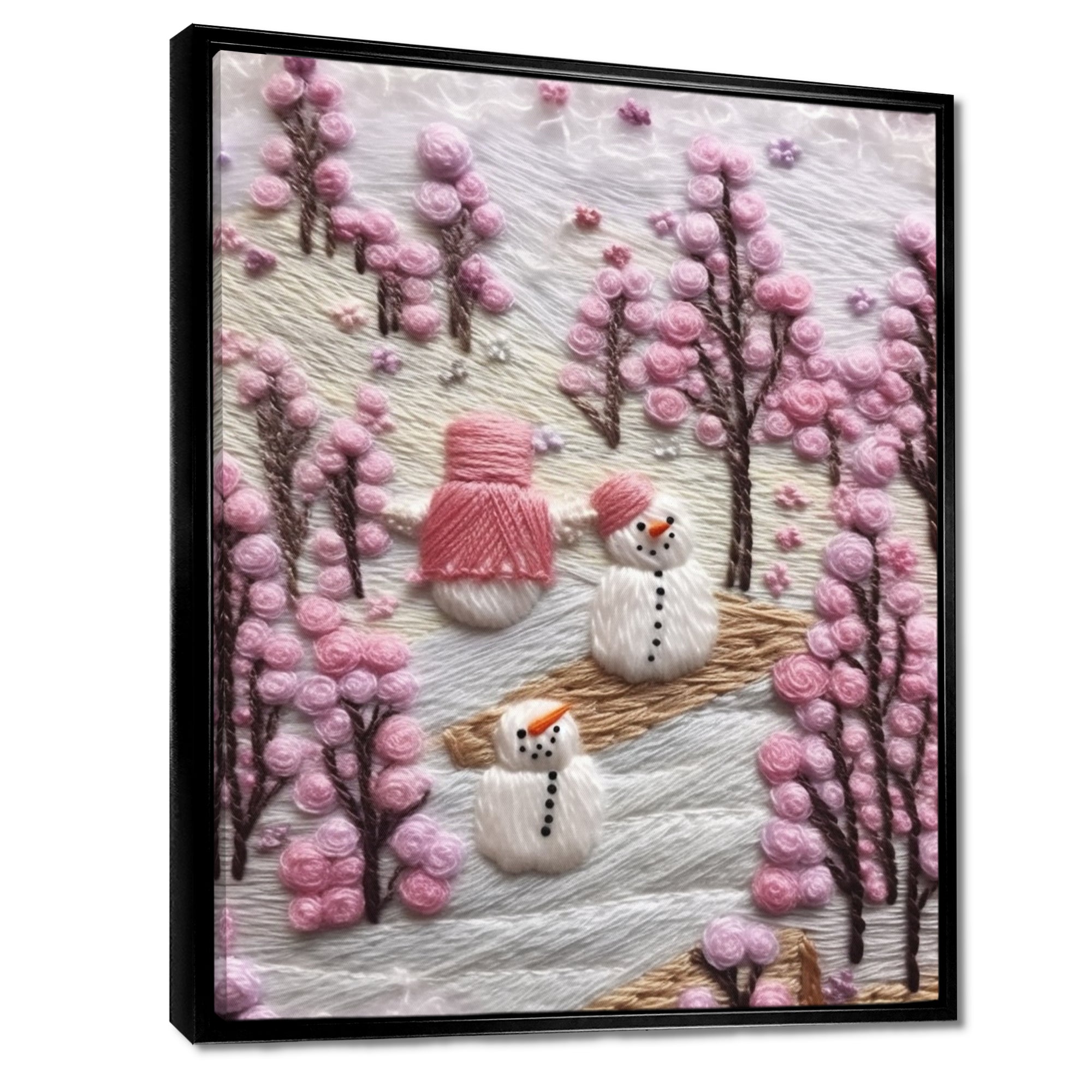 Christmas Snowman In Snowy Winter Pink Tree Embroidery - Coastal Animal Canvas Wall Art