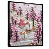 Christmas Snowman In Snowy Winter Pink Tree Embroidery - Coastal Animal Canvas Wall Art