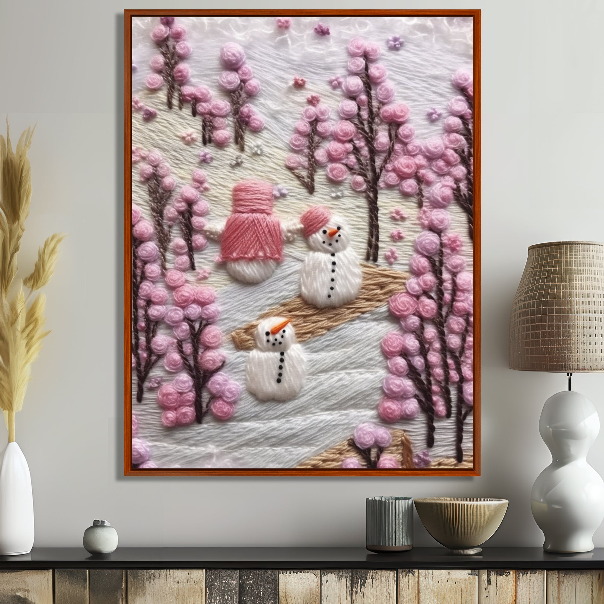 Christmas Snowman In Snowy Winter Pink Tree Embroidery - Coastal Animal Canvas Wall Art