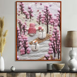 Christmas Snowman In Snowy Winter Pink Tree Embroidery - Coastal Animal Canvas Wall Art