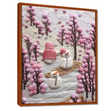 Christmas Snowman In Snowy Winter Pink Tree Embroidery - Coastal Animal Canvas Wall Art