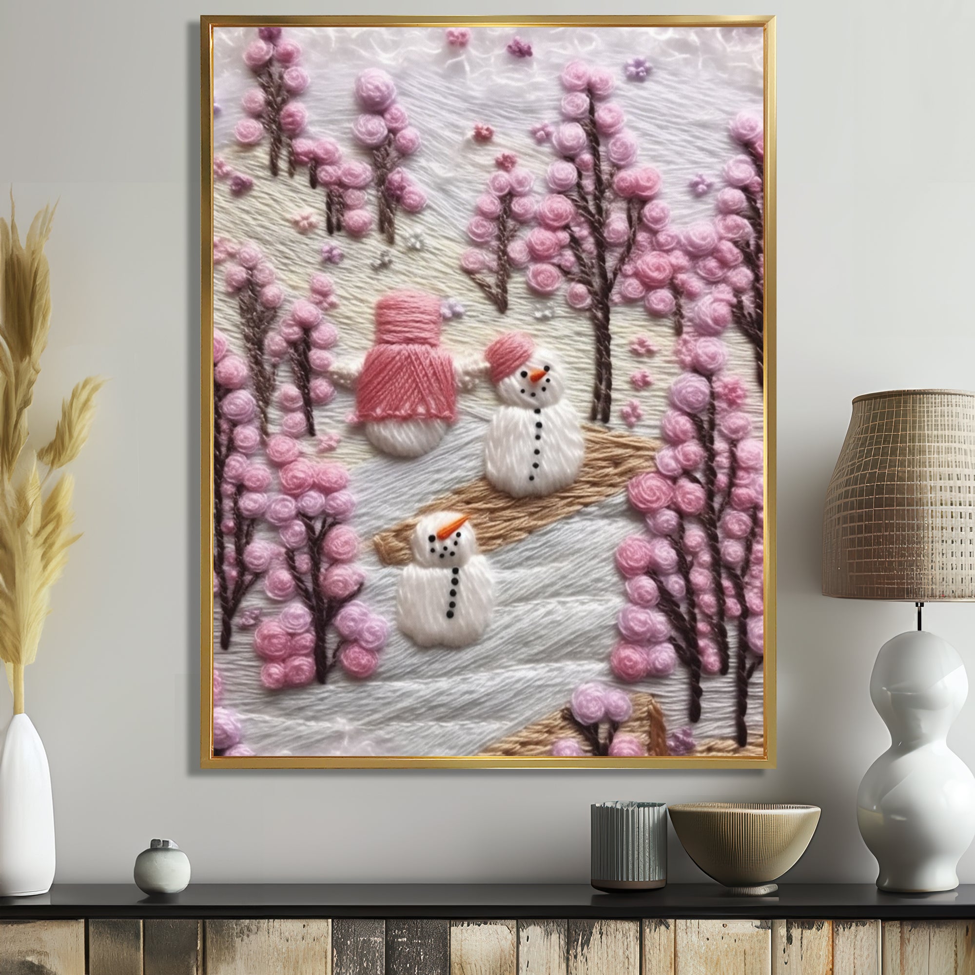 Christmas Snowman In Snowy Winter Pink Tree Embroidery - Coastal Animal Canvas Wall Art