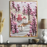 Christmas Snowman In Snowy Winter Pink Tree Embroidery - Coastal Animal Canvas Wall Art