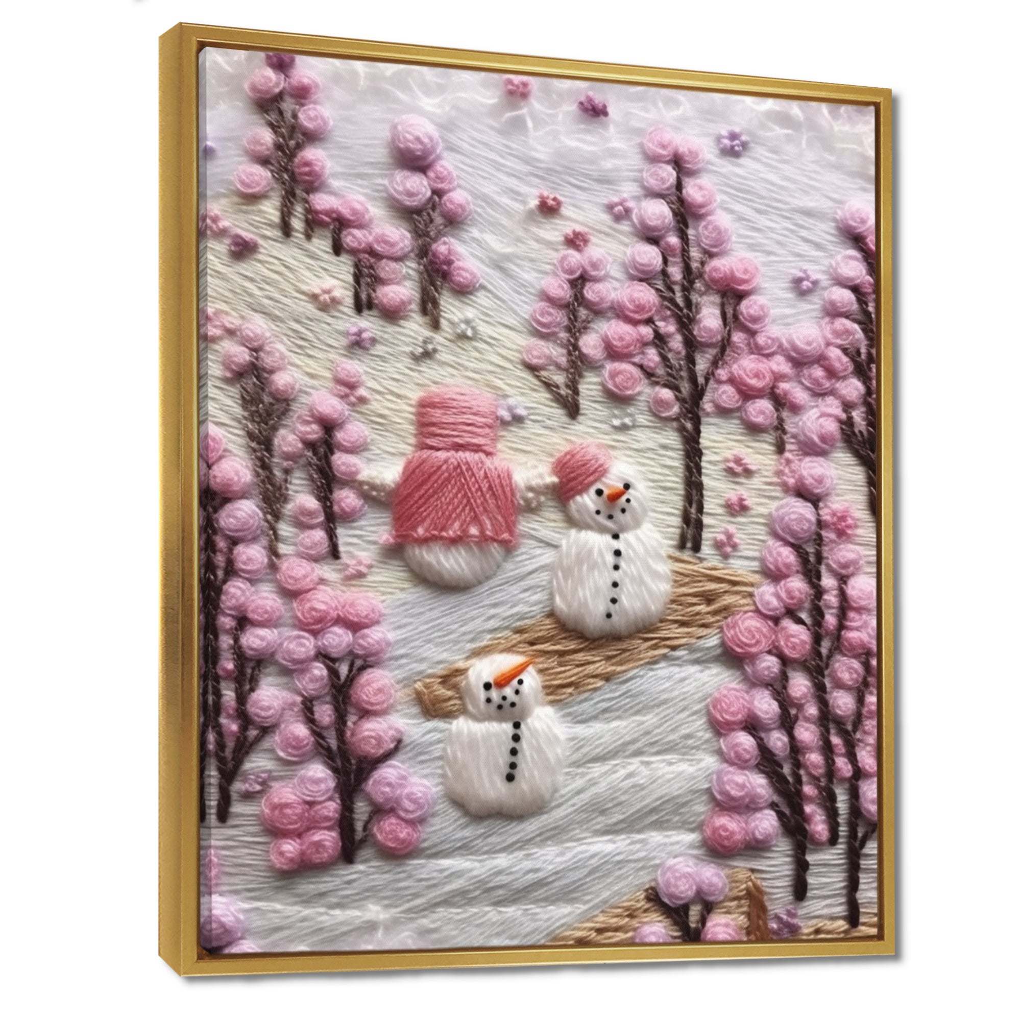 Christmas Snowman In Snowy Winter Pink Tree Embroidery - Coastal Animal Canvas Wall Art