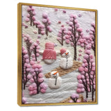 Christmas Snowman In Snowy Winter Pink Tree Embroidery - Coastal Animal Canvas Wall Art