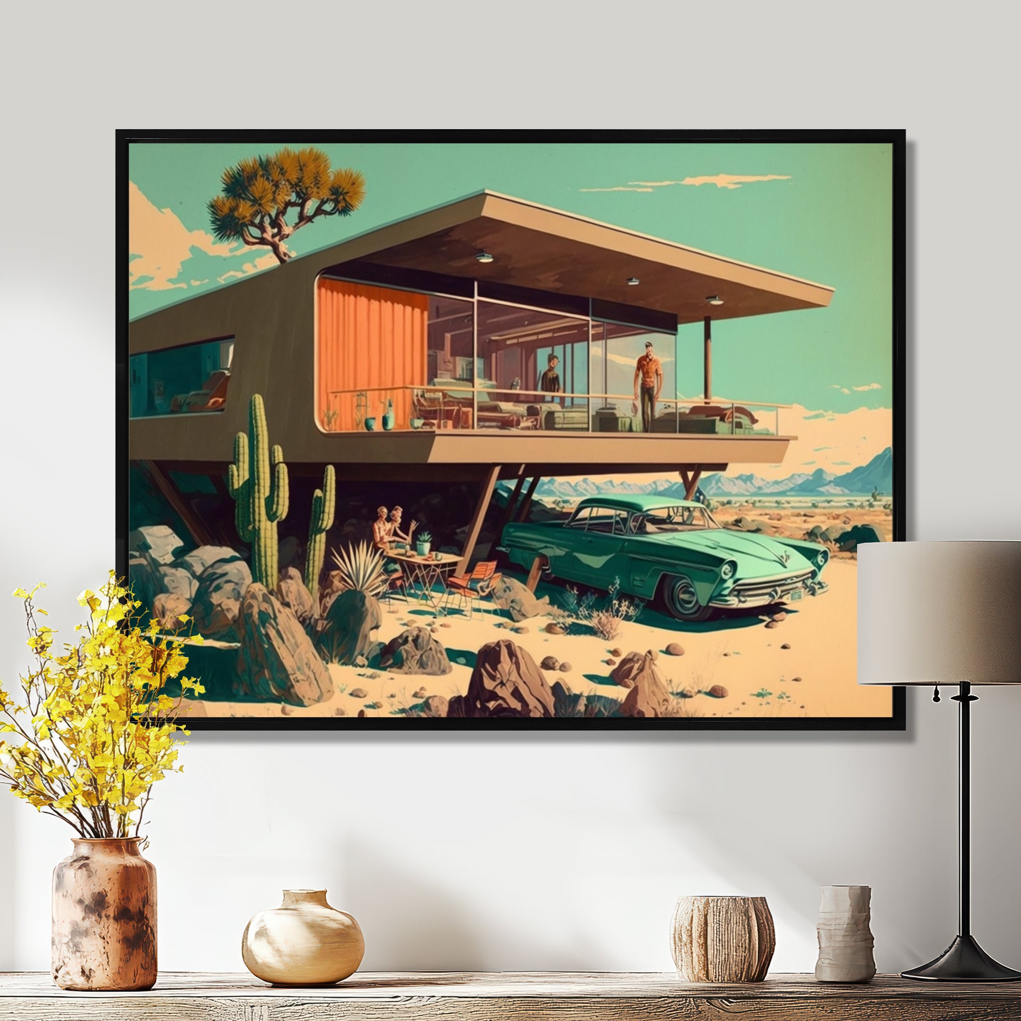 Green Car Mid Century Retro Architecture - Car Exotic Canvas Wall Art