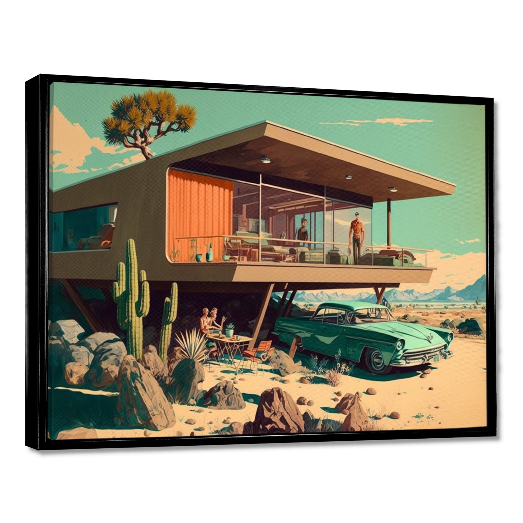 Green Car Mid Century Retro Architecture - Car Exotic Canvas Wall Art