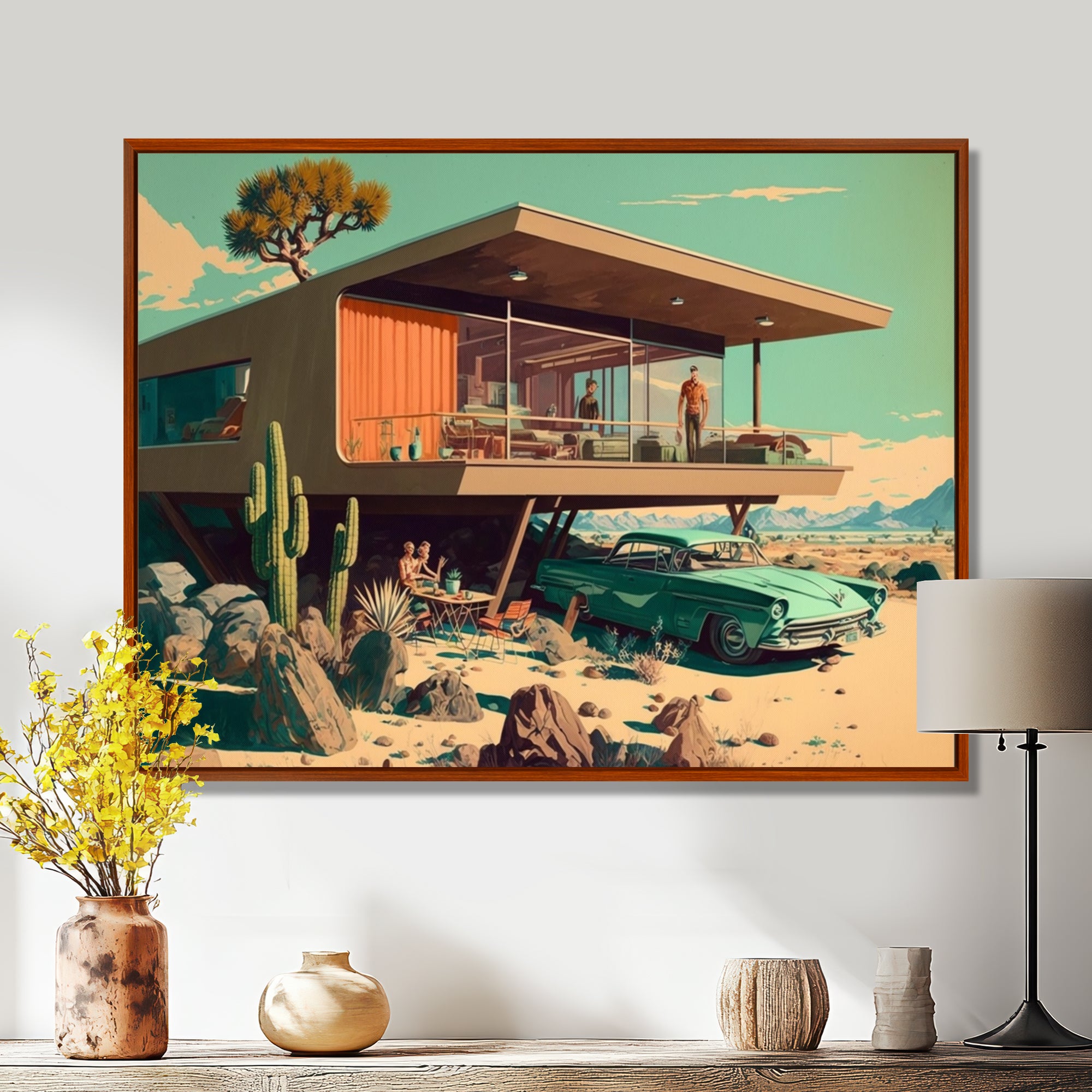 Green Car Mid Century Retro Architecture - Car Exotic Canvas Wall Art