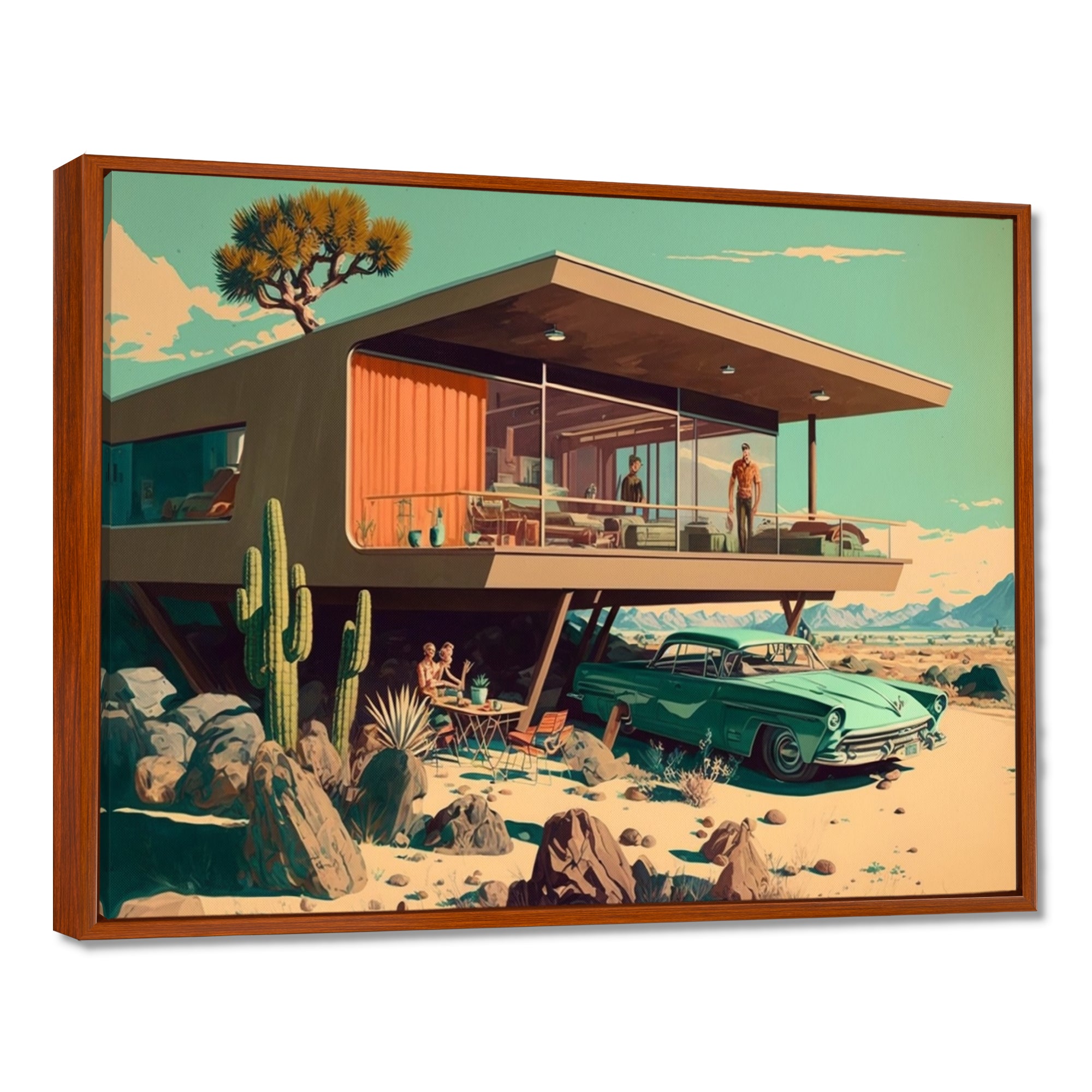Green Car Mid Century Retro Architecture - Car Exotic Canvas Wall Art
