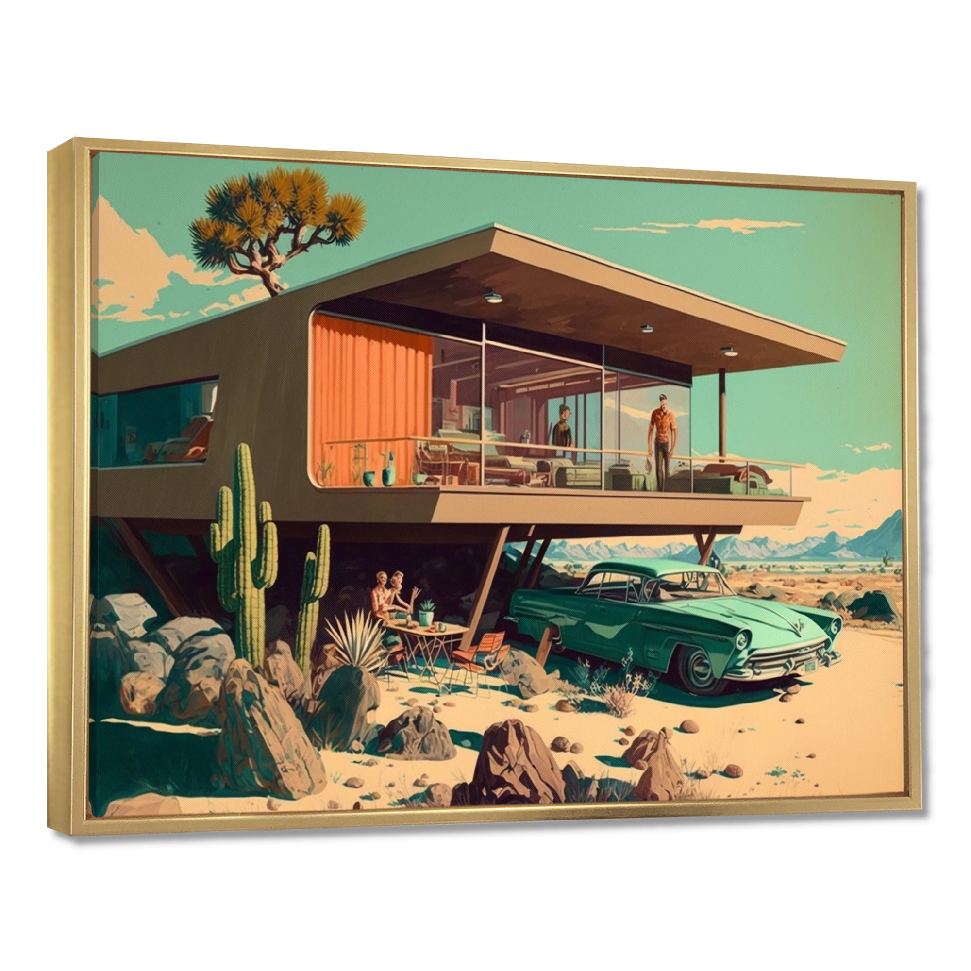 Green Car Mid Century Retro Architecture - Car Exotic Canvas Wall Art