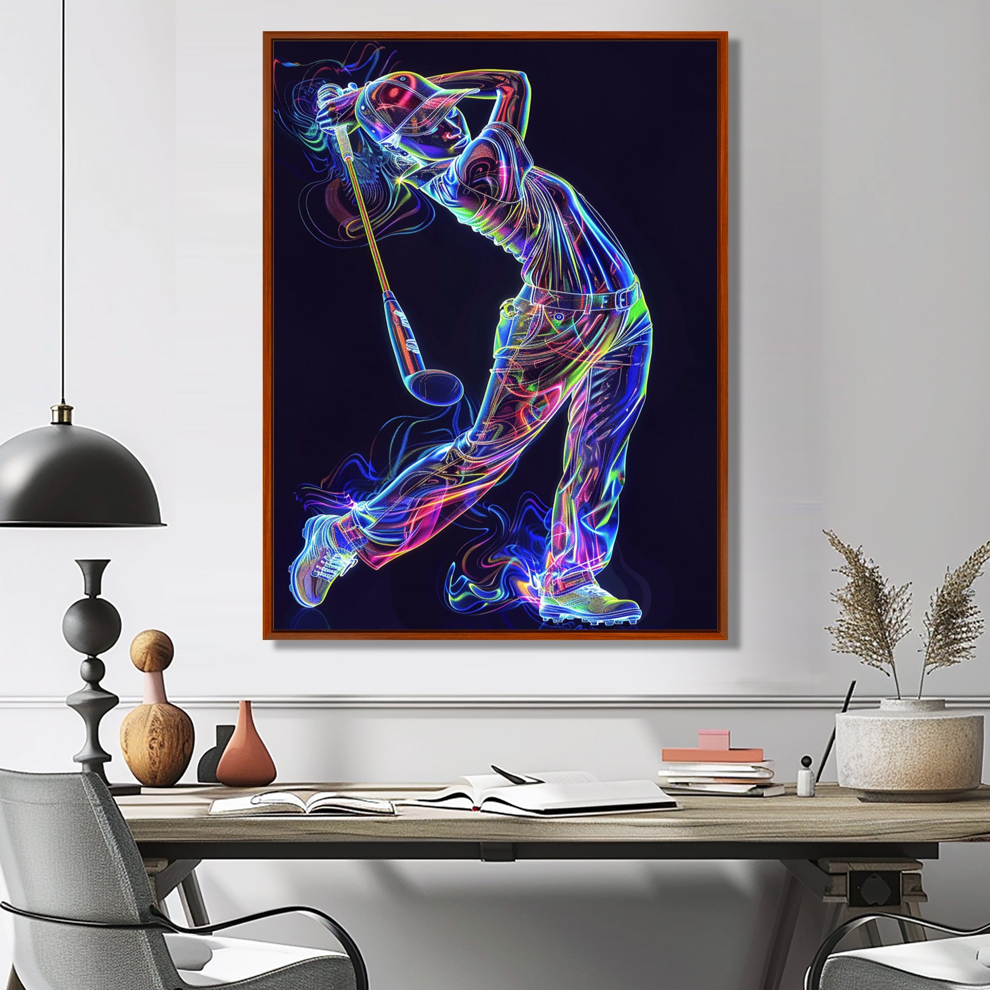 Neon Gold Player Striking - Sport Golf Canvas Wall Art