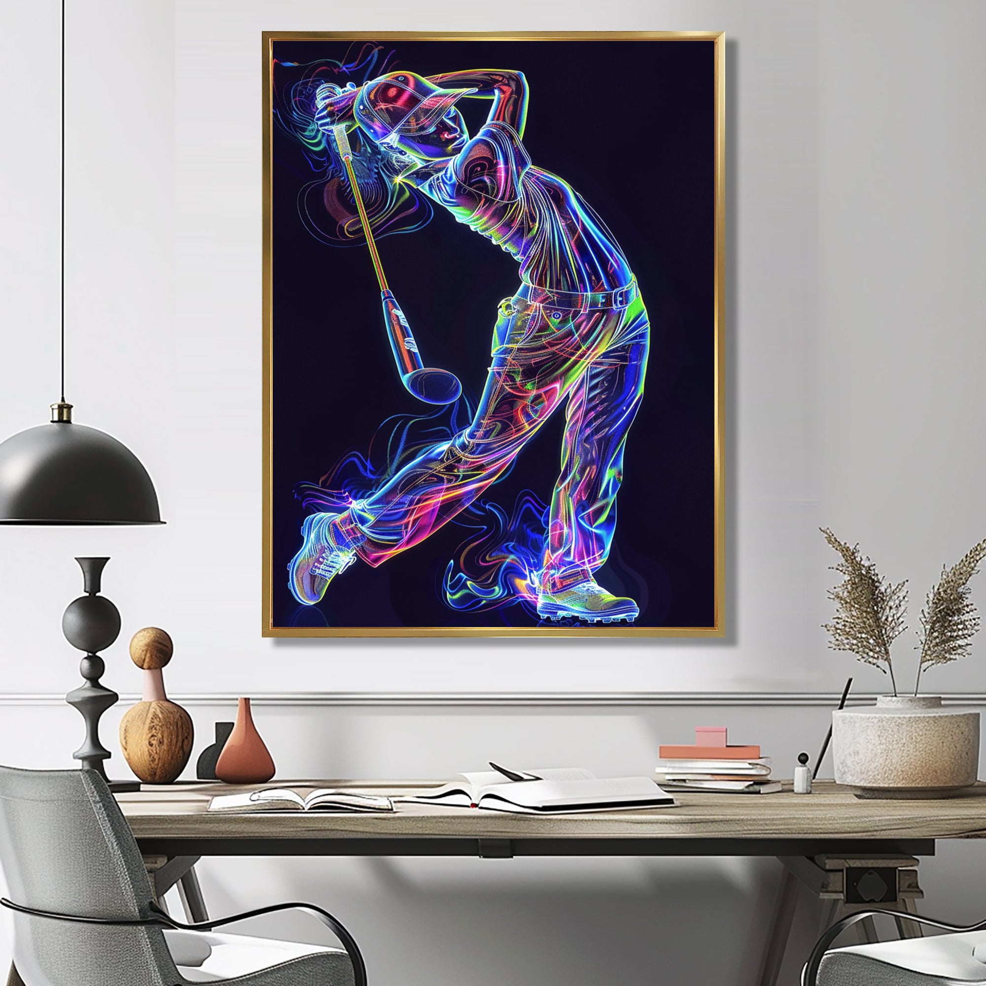Neon Gold Player Striking - Sport Golf Canvas Wall Art