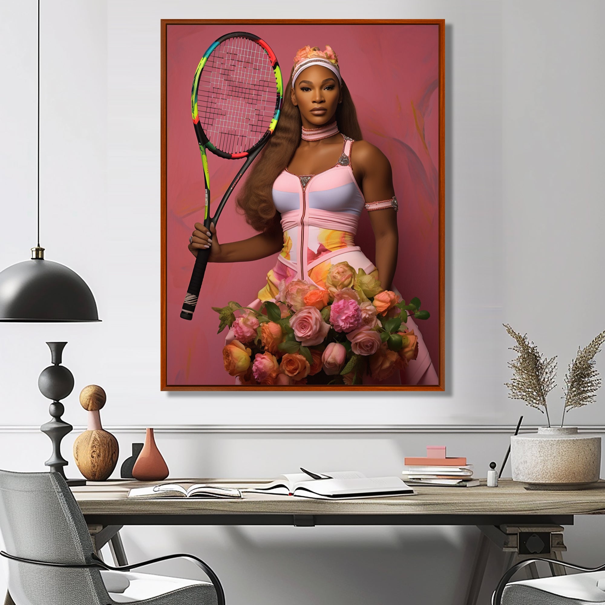 Serene With Pink Roses And Tennis Racket - Sport Tennis Canvas Wall Art
