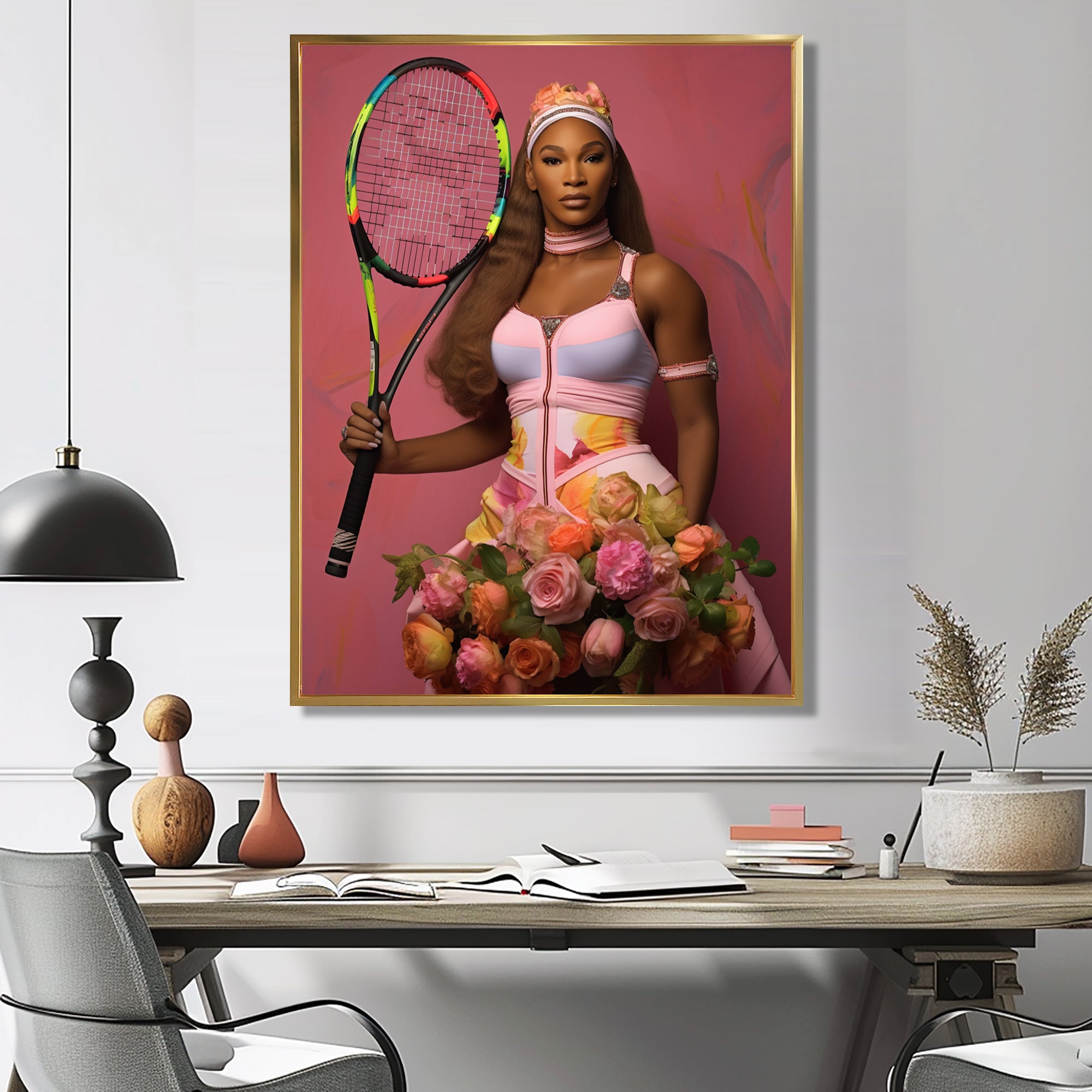 Serene With Pink Roses And Tennis Racket - Sport Tennis Canvas Wall Art