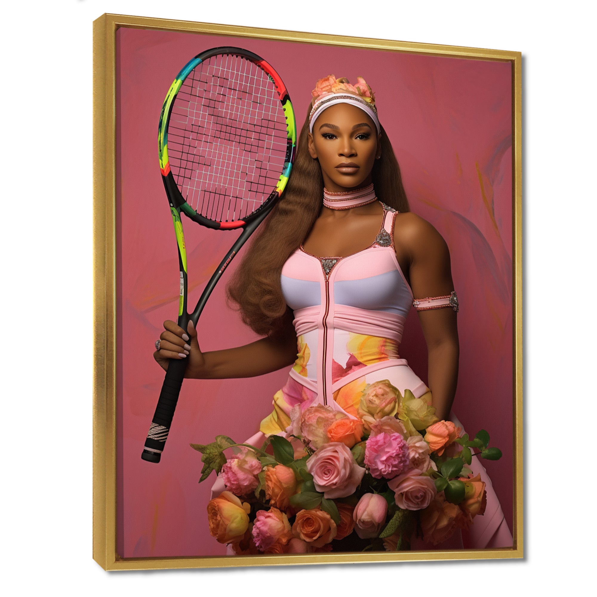 Serene With Pink Roses And Tennis Racket - Sport Tennis Canvas Wall Art