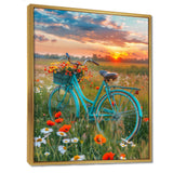 Blue Beach Bike In Spring Flower Field Sunset - Bicycle Canvas Wall Art
