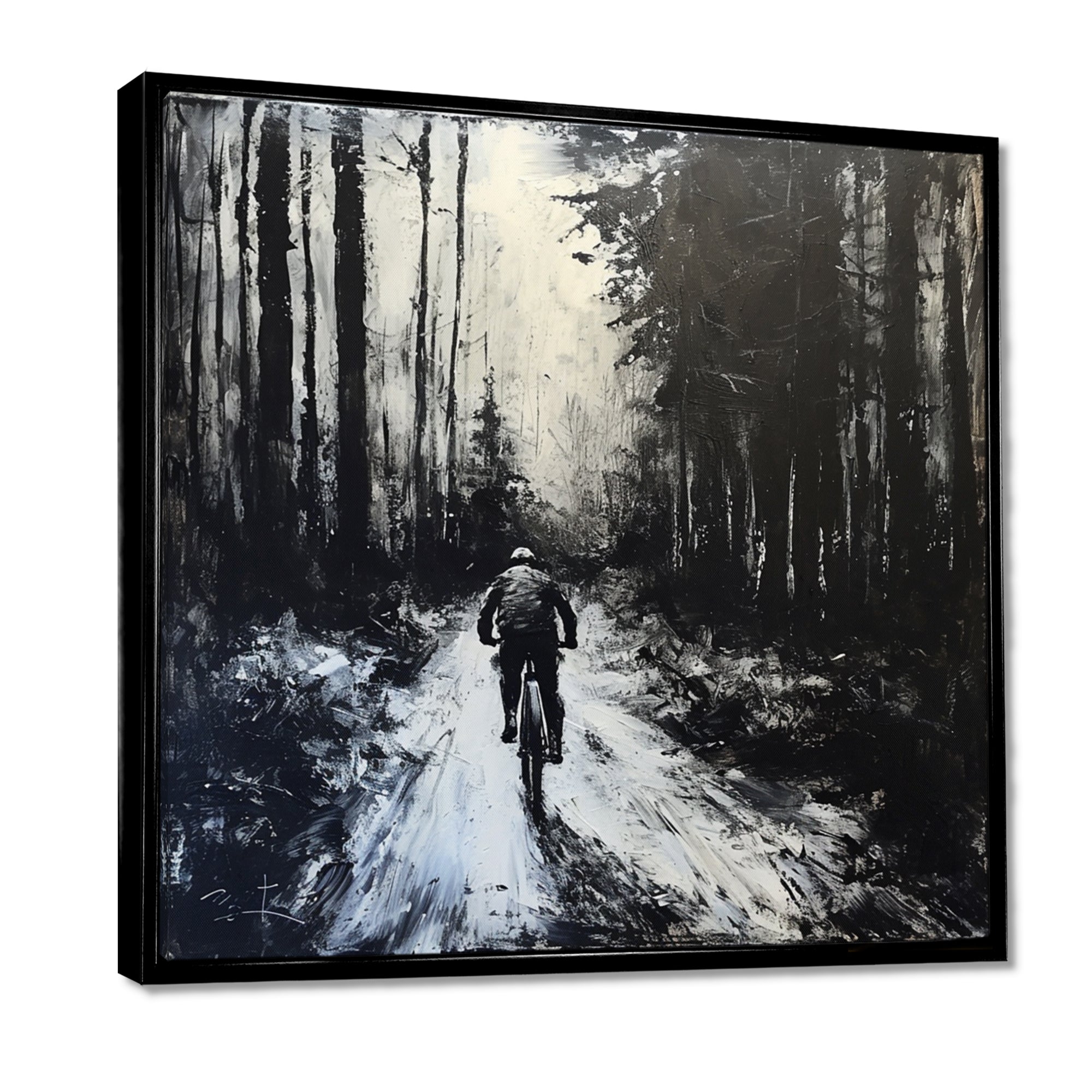 Biking In The Winter Woods Monochrome - Bicycle Canvas Wall Art