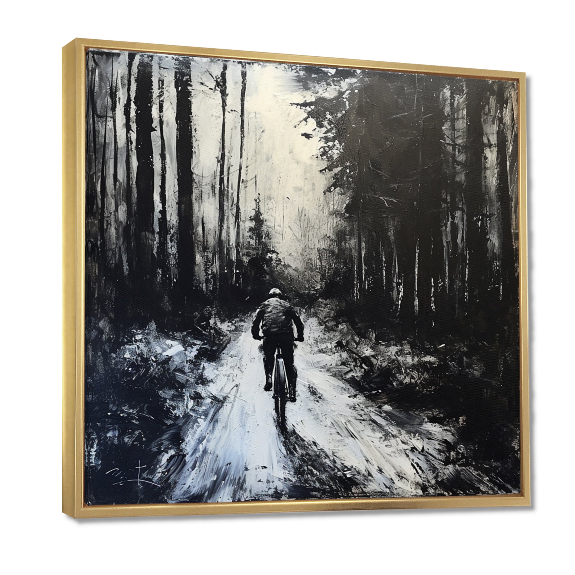 Biking In The Winter Woods Monochrome - Bicycle Canvas Wall Art