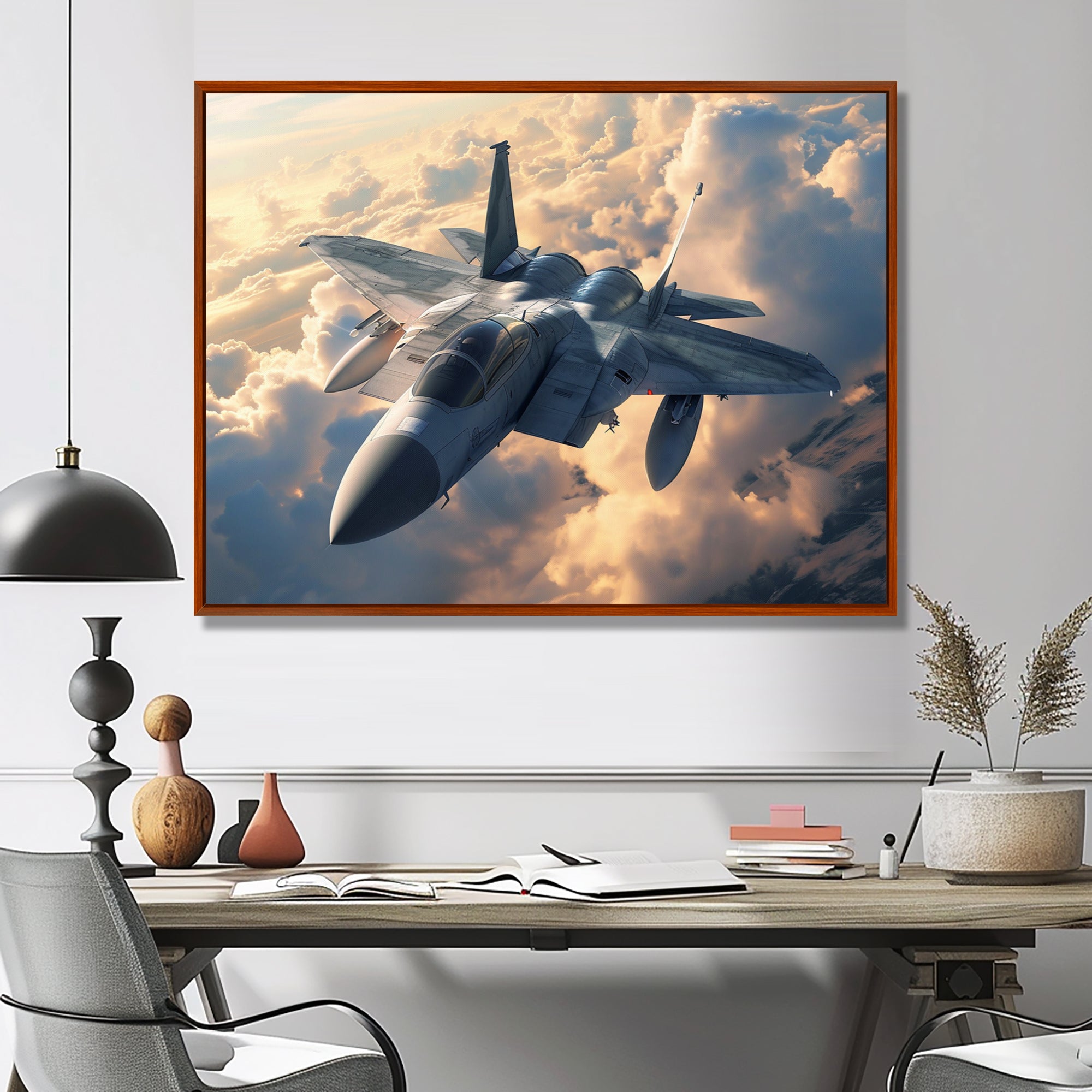 Fighter Jet In Action Above The Clouds - Train Canvas Wall Art