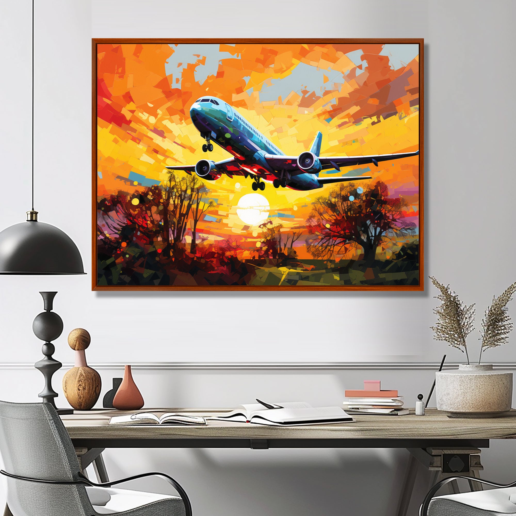 Airliner Taking Off In The Autumn Sunset - Train Canvas Wall Art