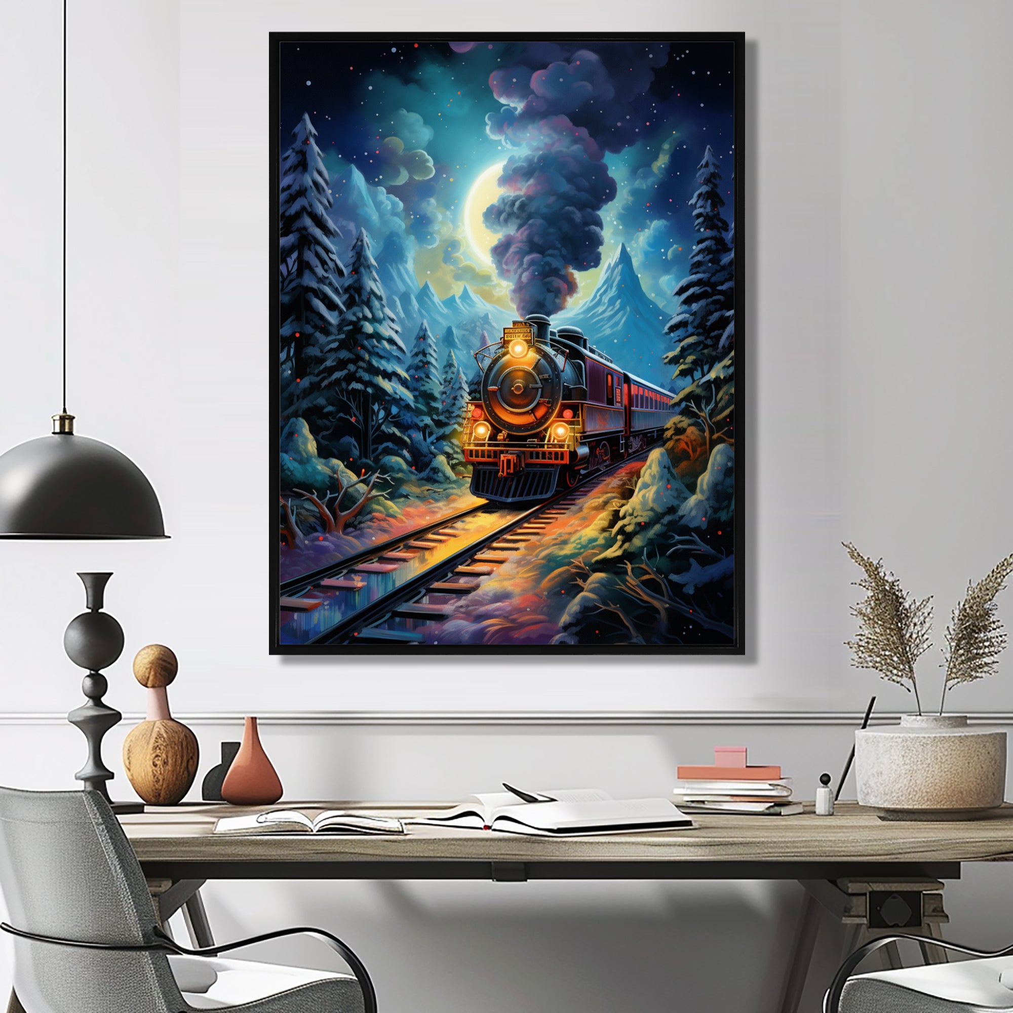 Polar Express Full Moon Mountains Steam - Train Canvas Wall Art