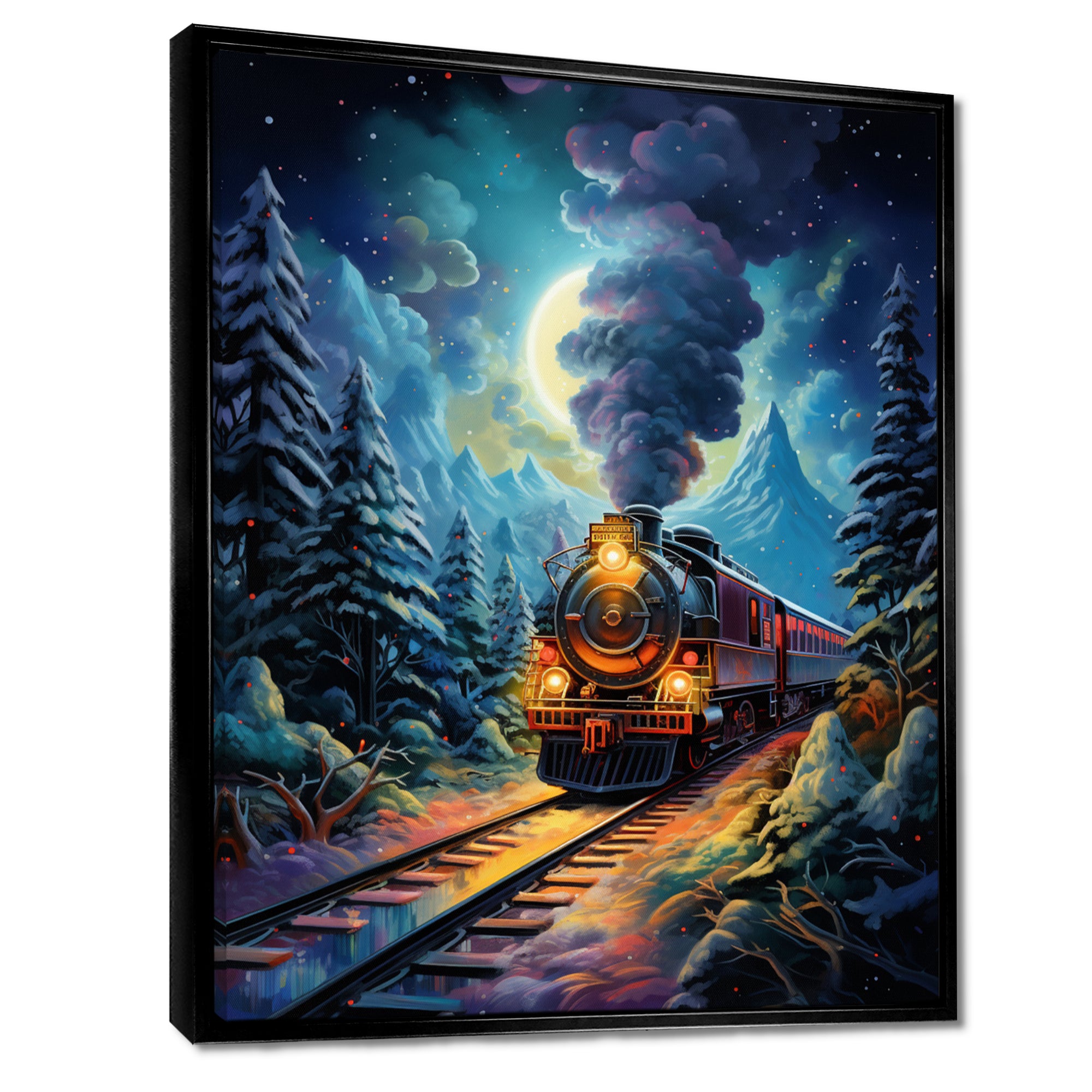 Polar Express Full Moon Mountains Steam - Train Canvas Wall Art