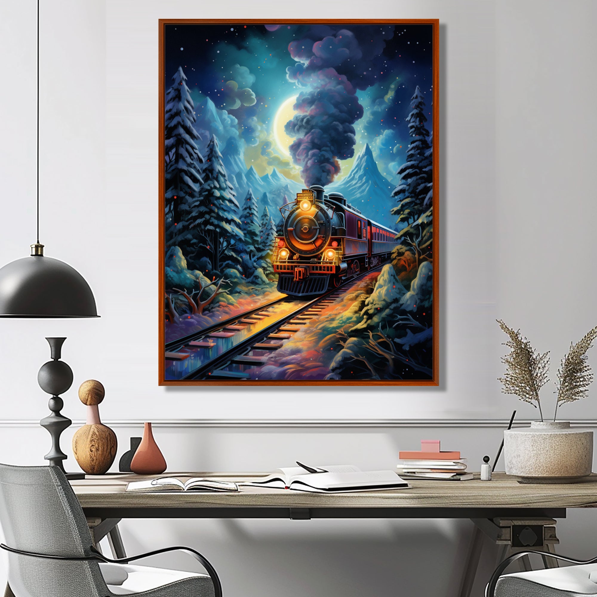 Polar Express Full Moon Mountains Steam - Train Canvas Wall Art
