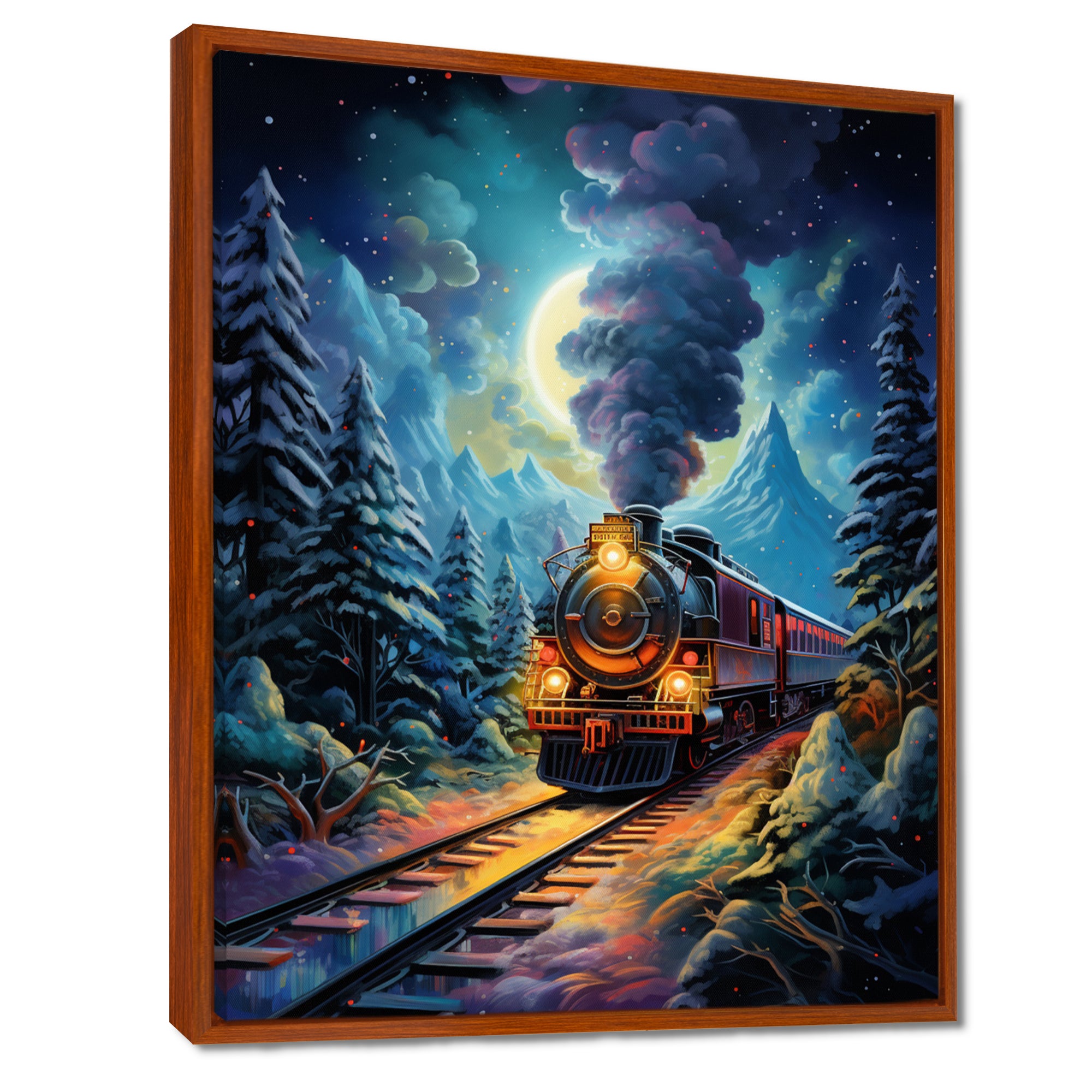 Polar Express Full Moon Mountains Steam - Train Canvas Wall Art