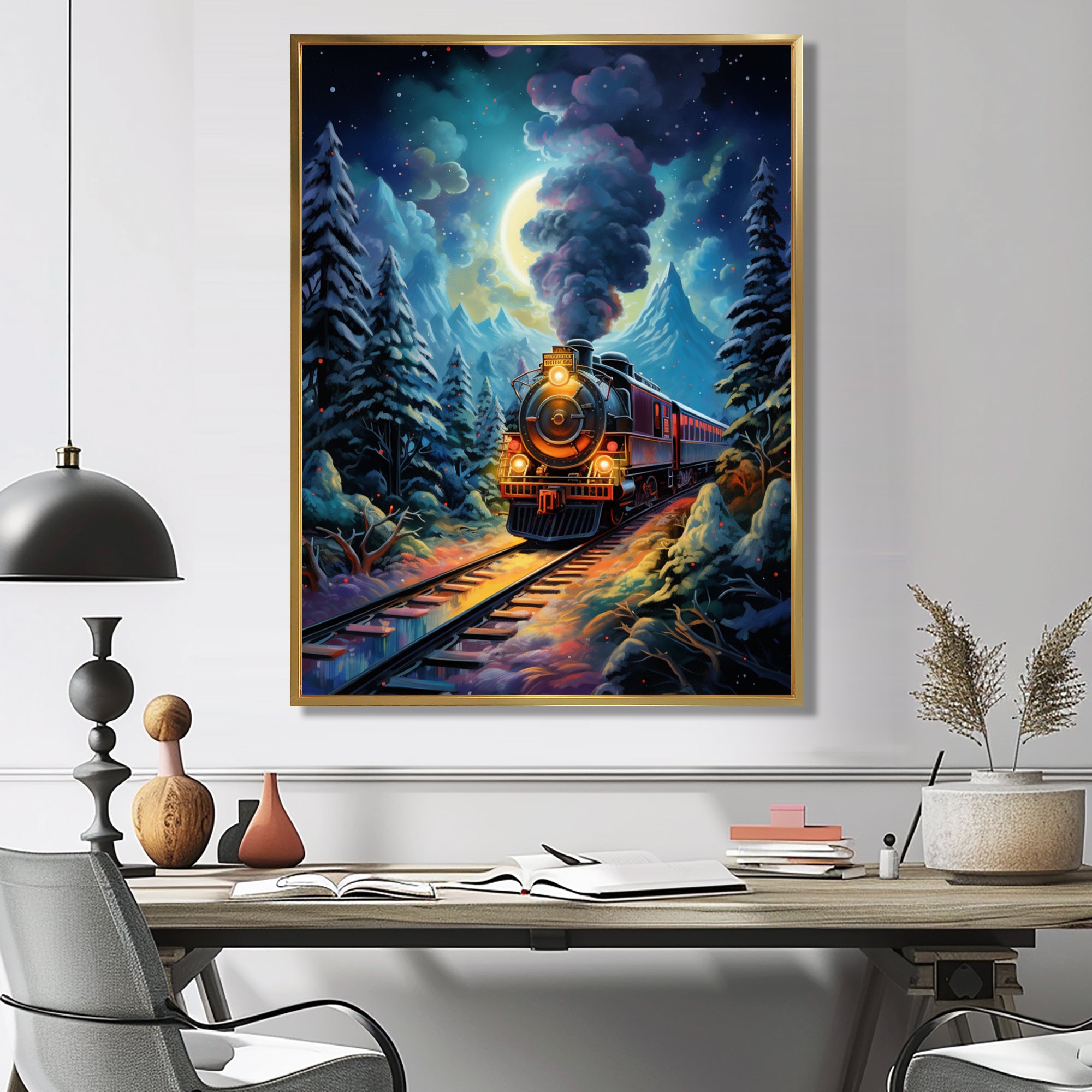 Polar Express Full Moon Mountains Steam - Train Canvas Wall Art