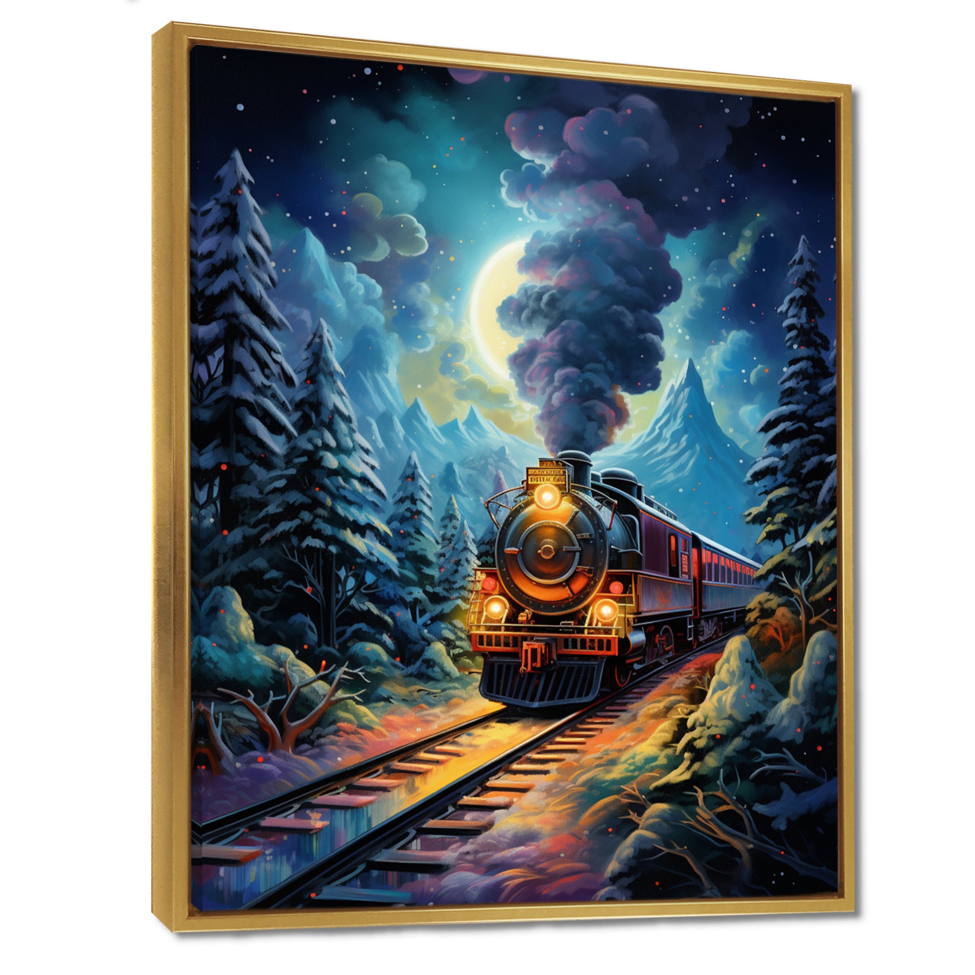 Polar Express Full Moon Mountains Steam - Train Canvas Wall Art