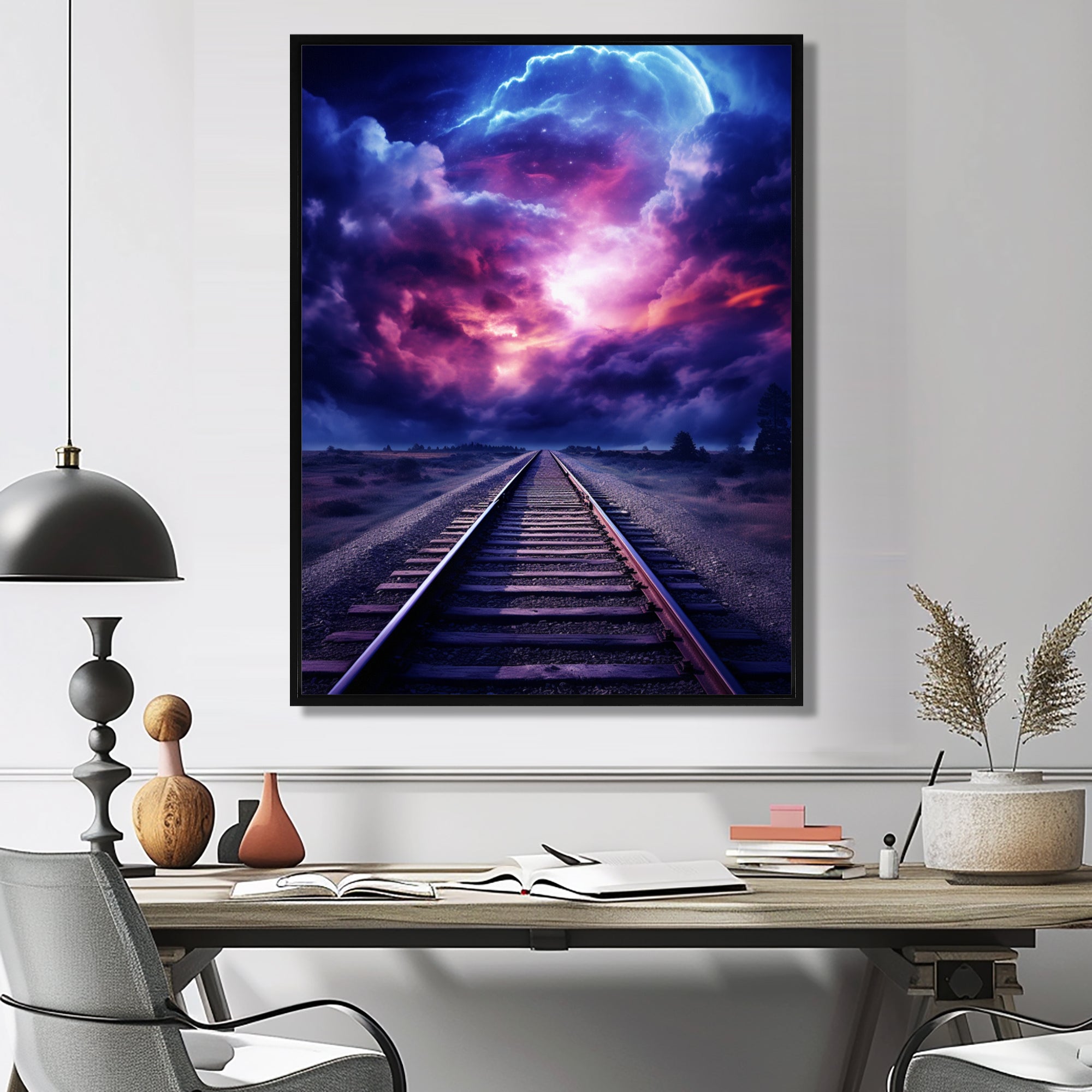 Purple Lavender Train Tracks Fuchsia Sunset Clouds I - Train Canvas Wall Art