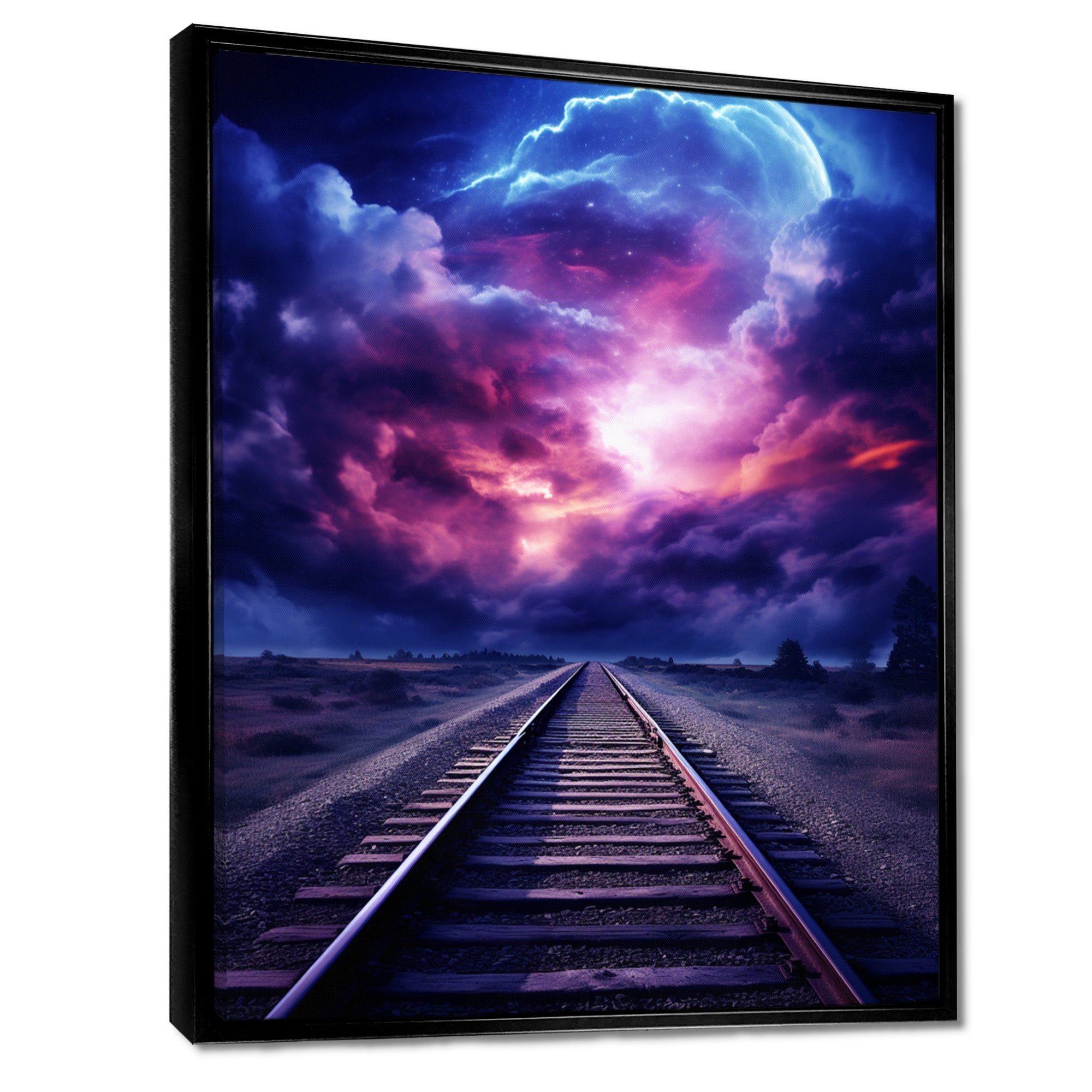 Purple Lavender Train Tracks Fuchsia Sunset Clouds I - Train Canvas Wall Art