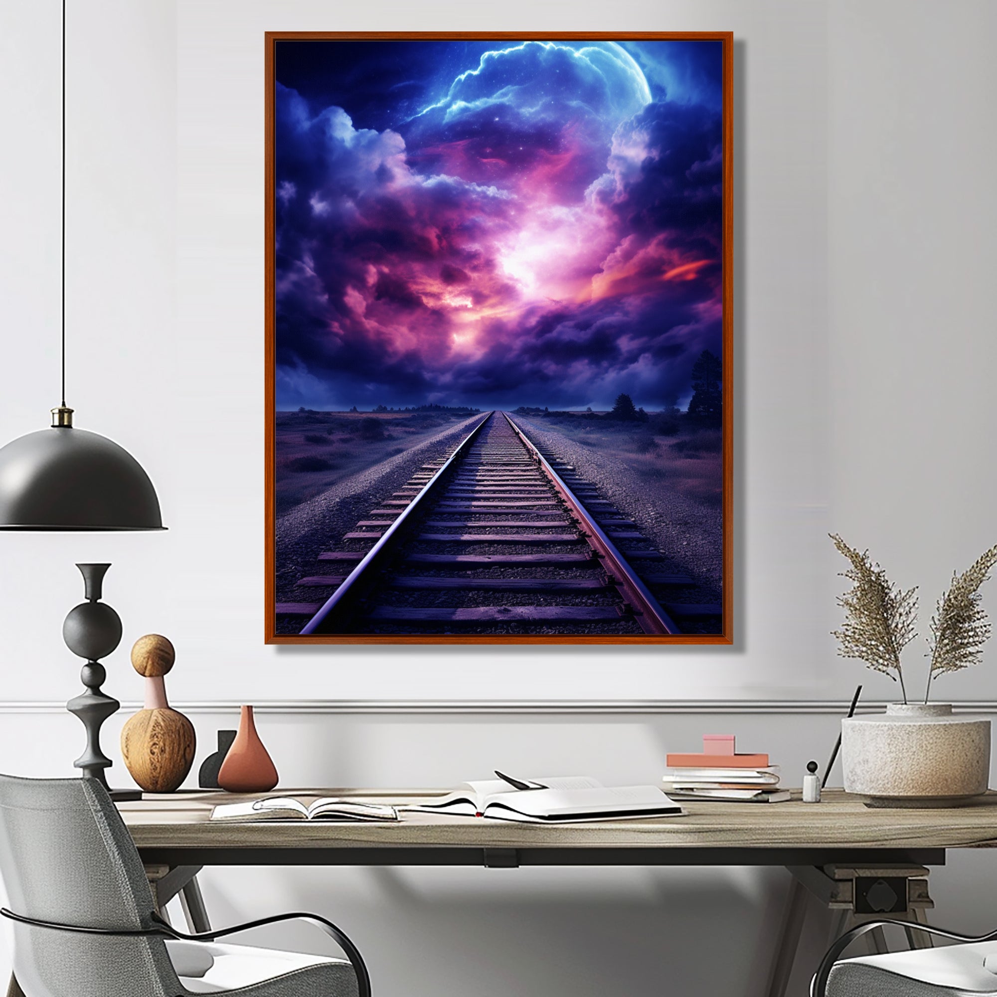 Purple Lavender Train Tracks Fuchsia Sunset Clouds I - Train Canvas Wall Art
