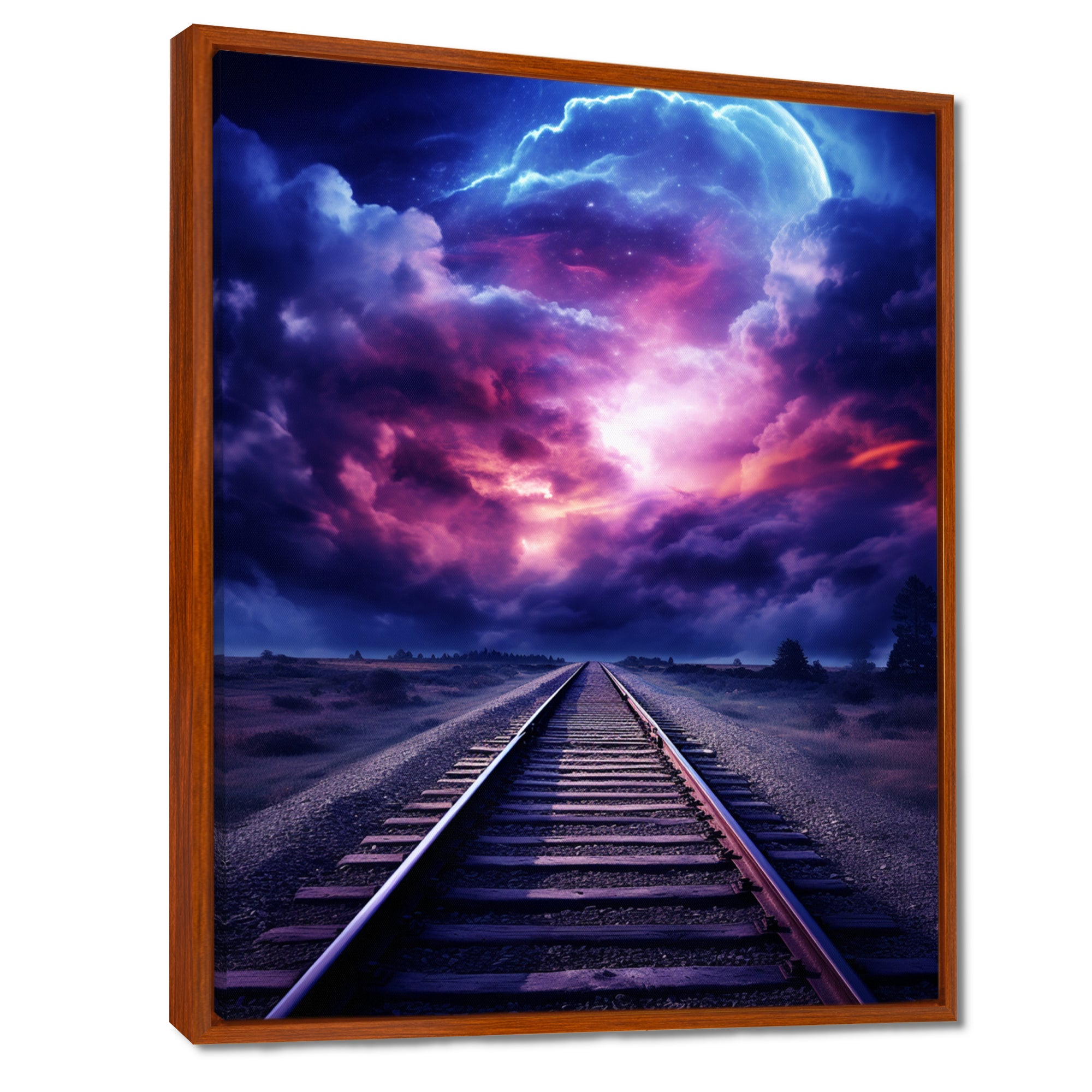 Purple Lavender Train Tracks Fuchsia Sunset Clouds I - Train Canvas Wall Art