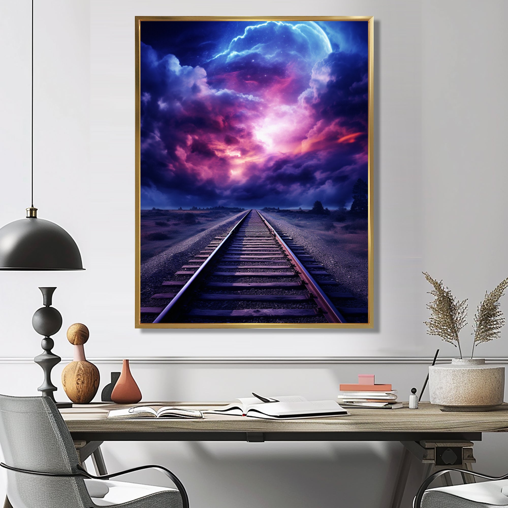 Purple Lavender Train Tracks Fuchsia Sunset Clouds I - Train Canvas Wall Art